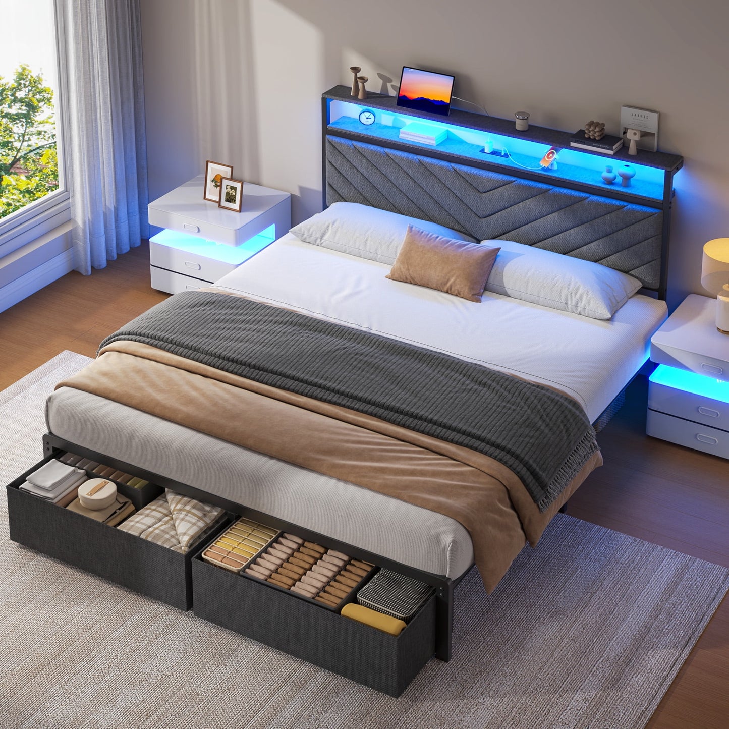 Fluest Queen Bed Frame with 2-Tier Storage Headboard, USB Port and LED Light, 2 Storage Drawers, Gray