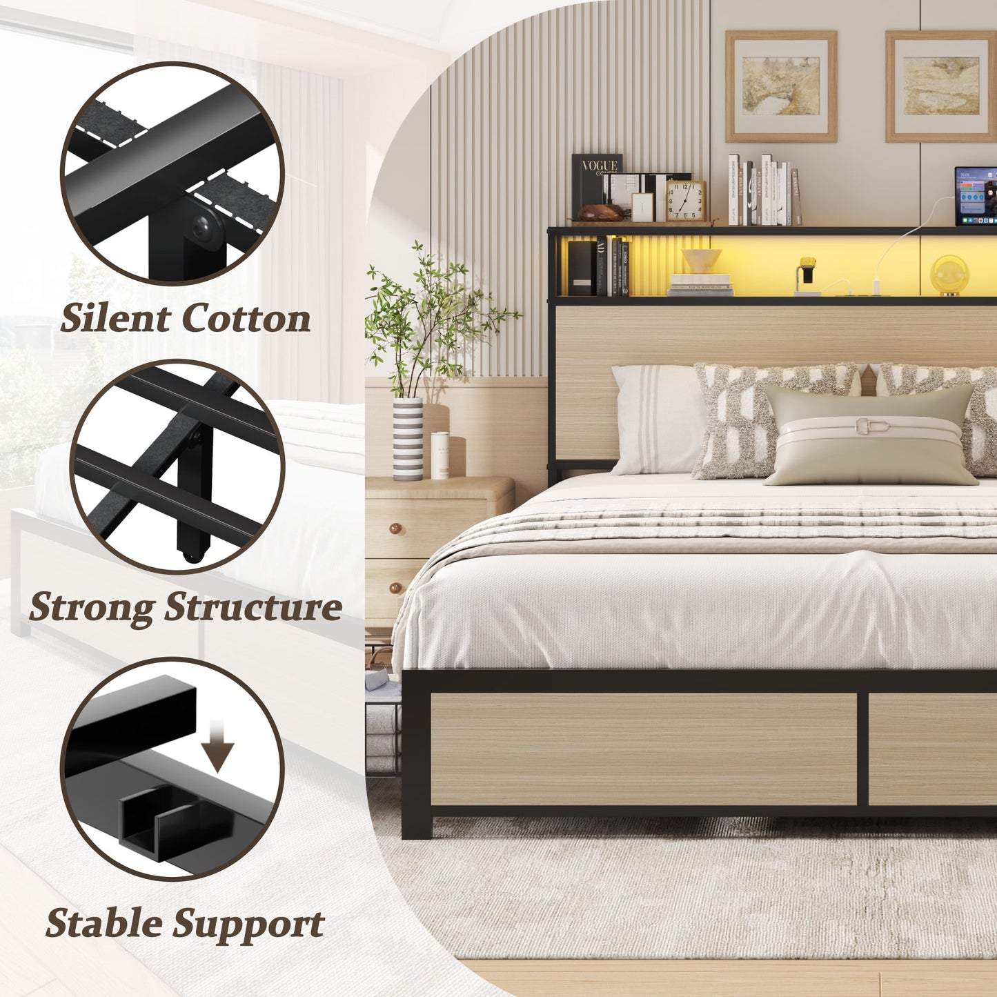 Queen Bed Frame with 2-Tier Headboard, Metal Support, USB Port & LED Light, 4 Storage Drawers, Begie