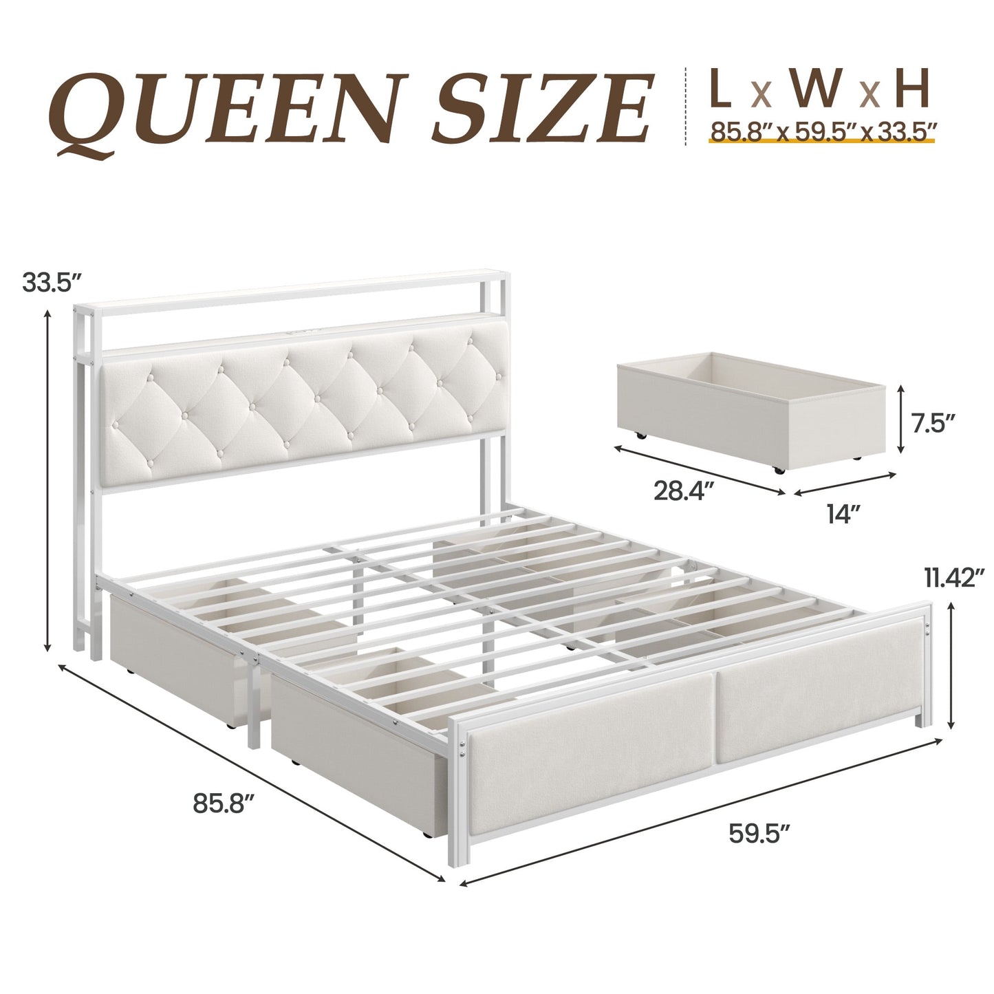 Fluest Queen Size Bed Frame, Upholstered Storage Headboard, 4 Fabric Drawers, Fast Charging Station, LED Lights, Beige, No Box Spring Needed, Easy Assembly
