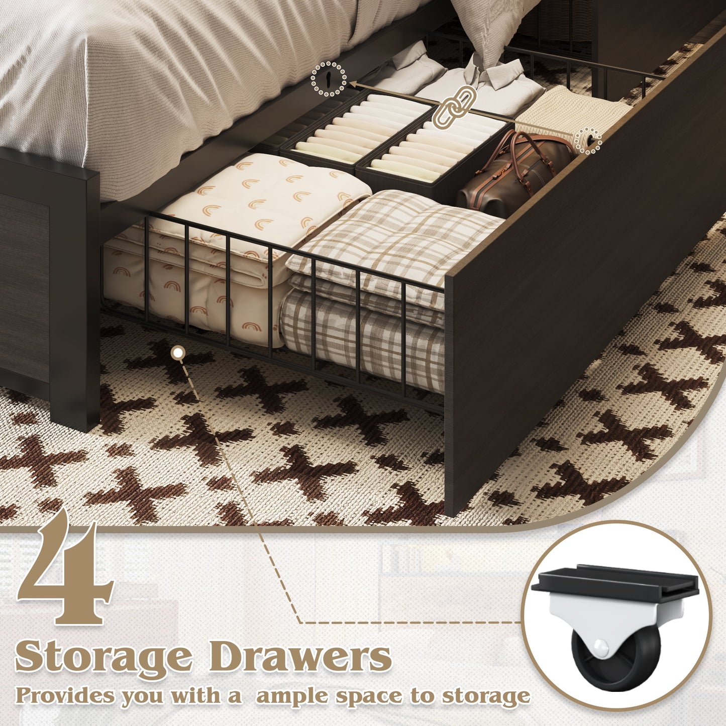 Fluest Full Bed Frame with 2-Tier Storage Headboard, USB Port and LED Light, 4 Storage Drawers, Grey