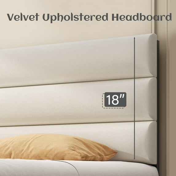 Bed Frame with Storage Drawers, Upholstered Headboard, Metal Support, Queen, Begie