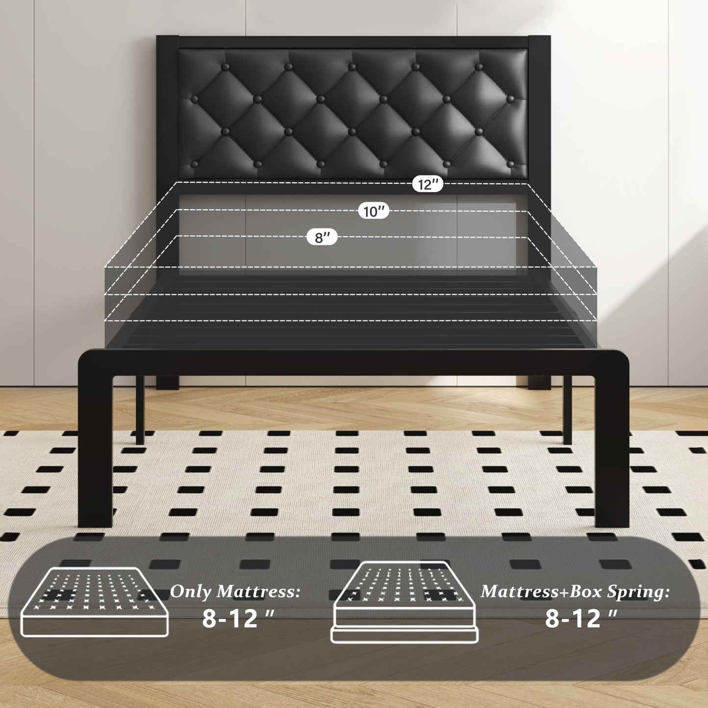 Bed Frame with Headboard PU Leather Upholstered and All Metal Slats Support Platform, Twin