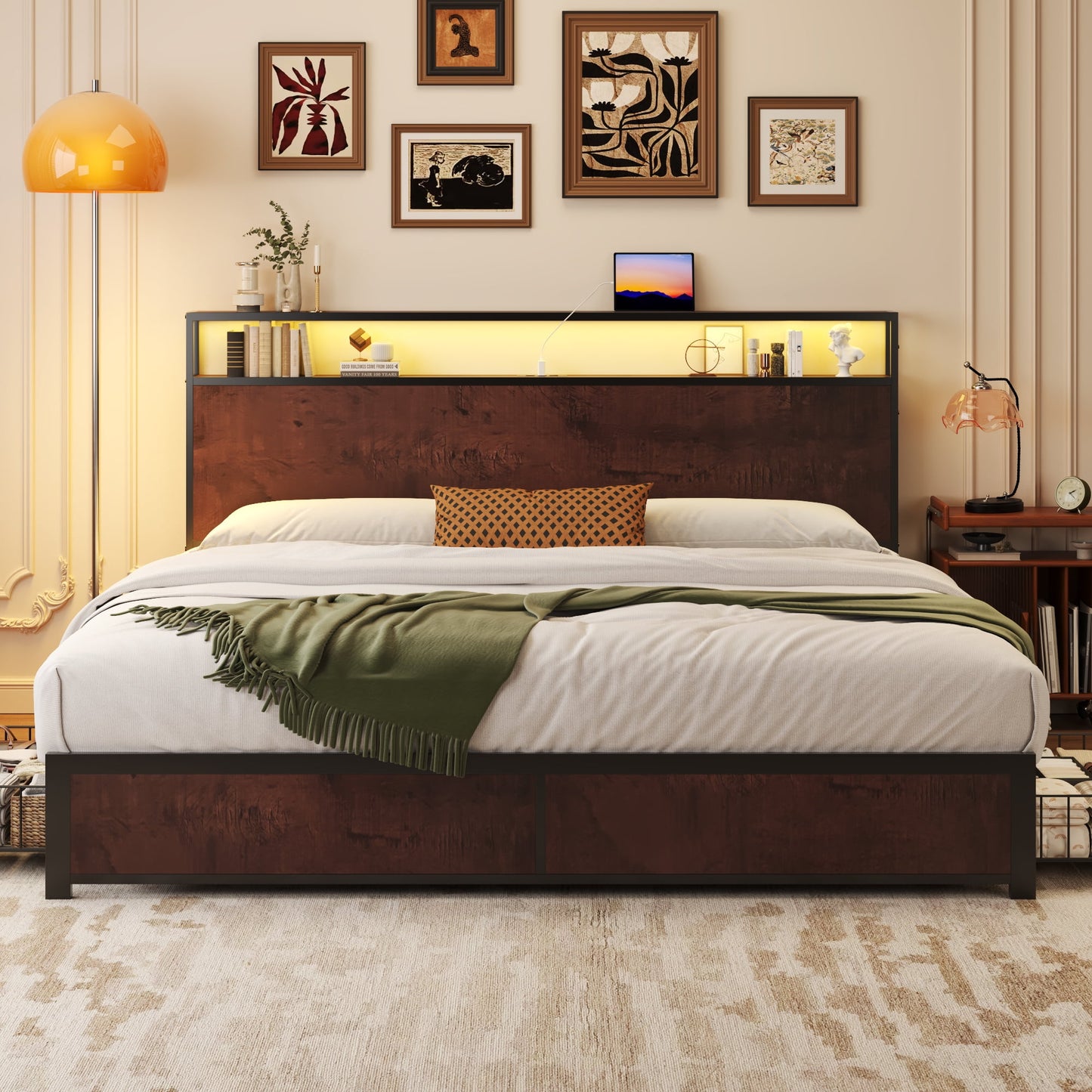 Fluest Full Bed Frame with 2-Tier Storage Headboard, USB Port and LED Light, 4 Storage Drawers, Rustic Brown