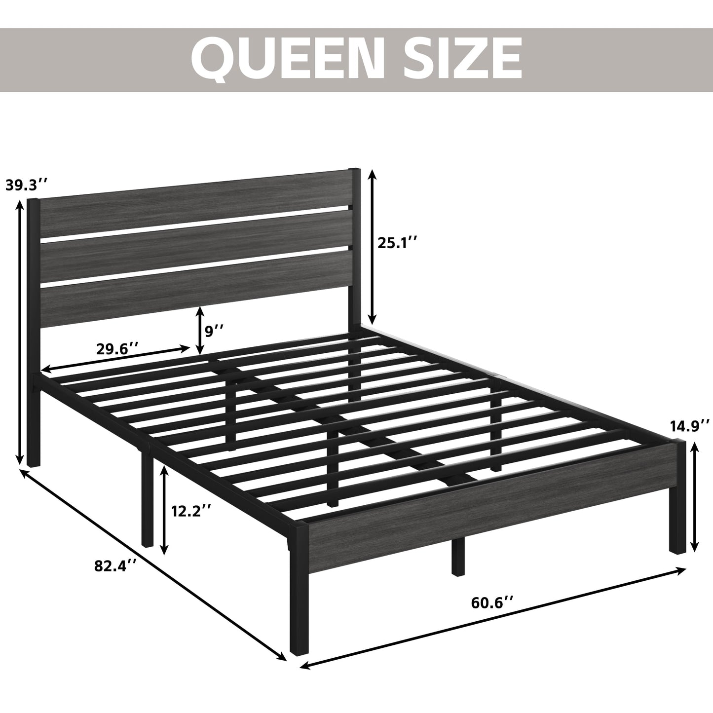 Fluest Queen Size Bed Frame with Headboard and Footboard,Metal Support,No Box Spring Needed, Grey