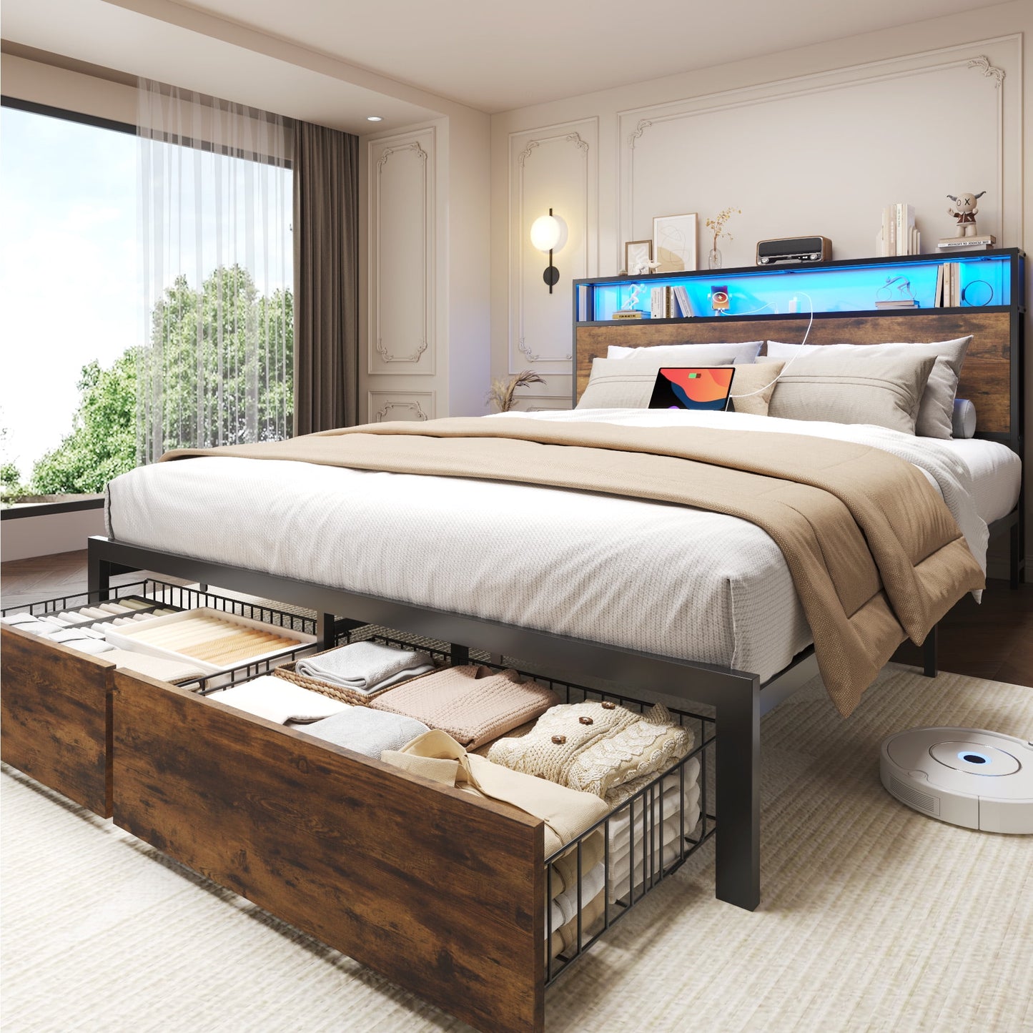 Fluest Queen Bed Frame with 2-Tier Storage Headboard, Metal Bed Frame with Storage Drawers & Built-in Charging Station & LED, Noise-Free, No Box Spring Needed, Easy Assembly, Retro Brown