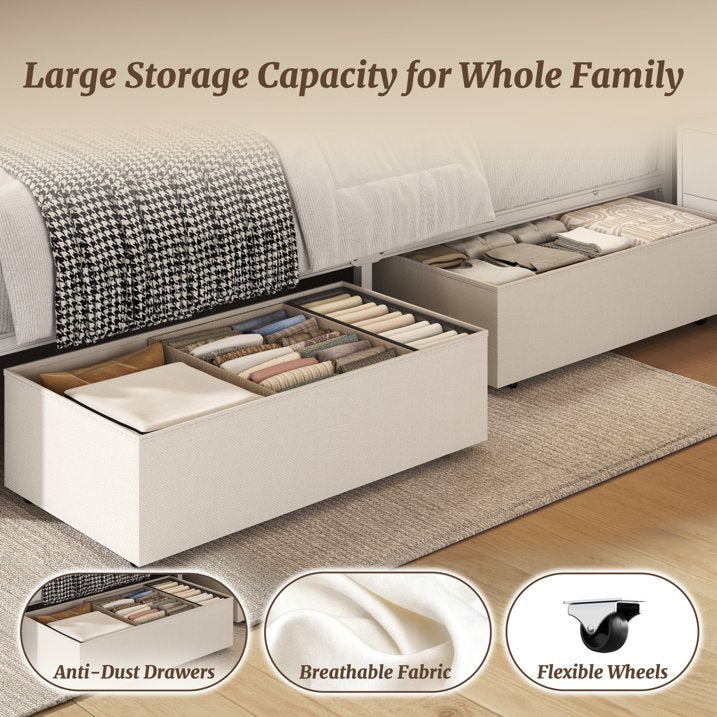 Fluest Queen Size Bed Frame, Upholstered Storage Headboard, 4 Fabric Drawers, Fast Charging Station, LED Lights, Beige, No Box Spring Needed, Easy Assembly