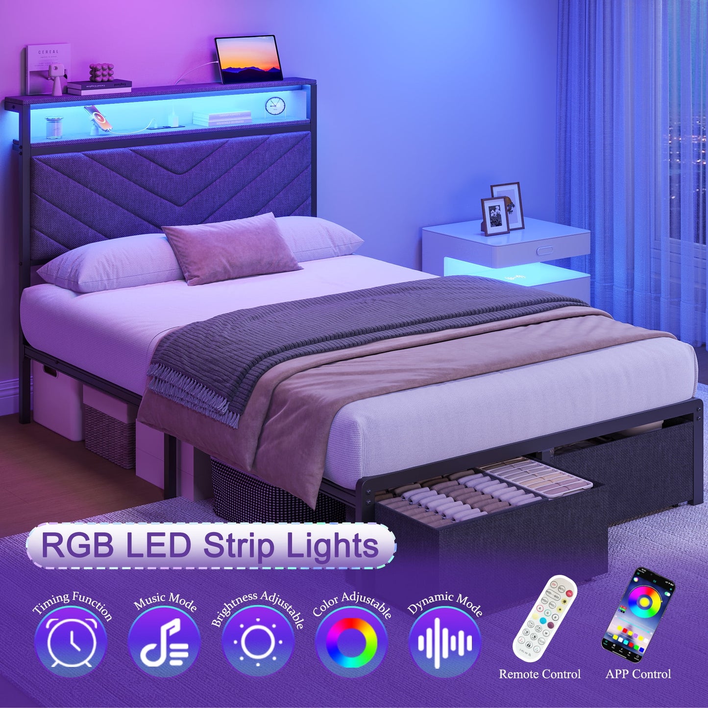 Fluest Twin Bed Frame with 2-Tier Storage Headboard, USB Port and LED Light, 2 Storage Drawers, Gray