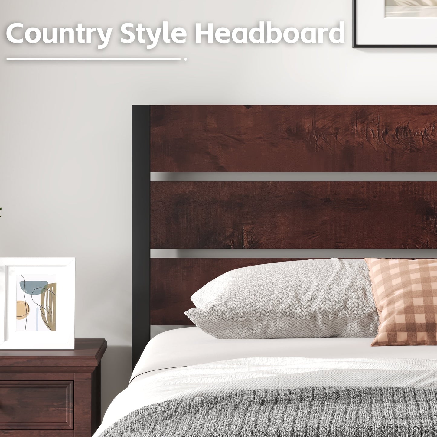 Fluest Full Bed Frame with Rustic Vintage Wood Headboard and Footboard, Metal Support, Vintage Brown
