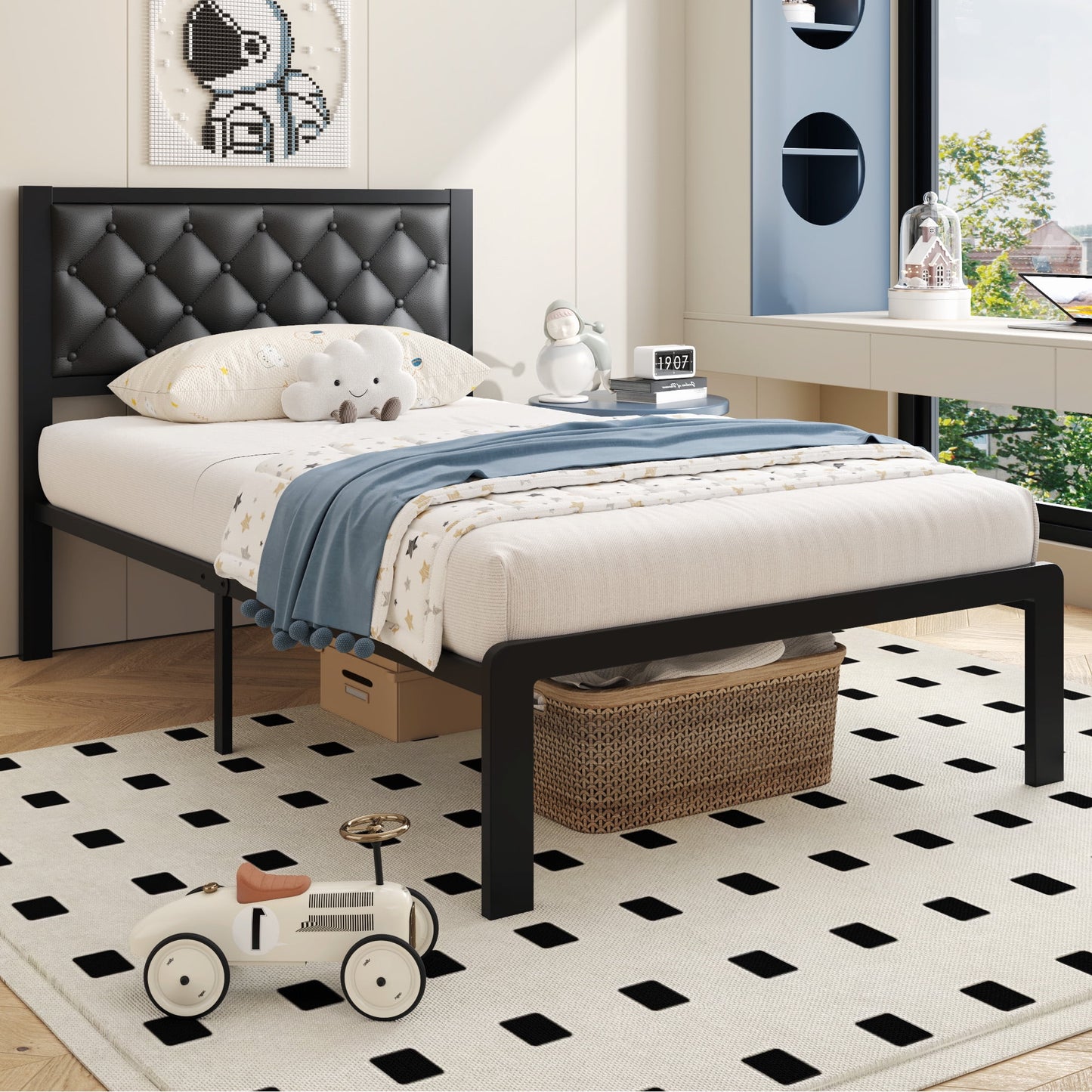 Bed Frame with Headboard PU Leather Upholstered and All Metal Slats Support Platform, Twin