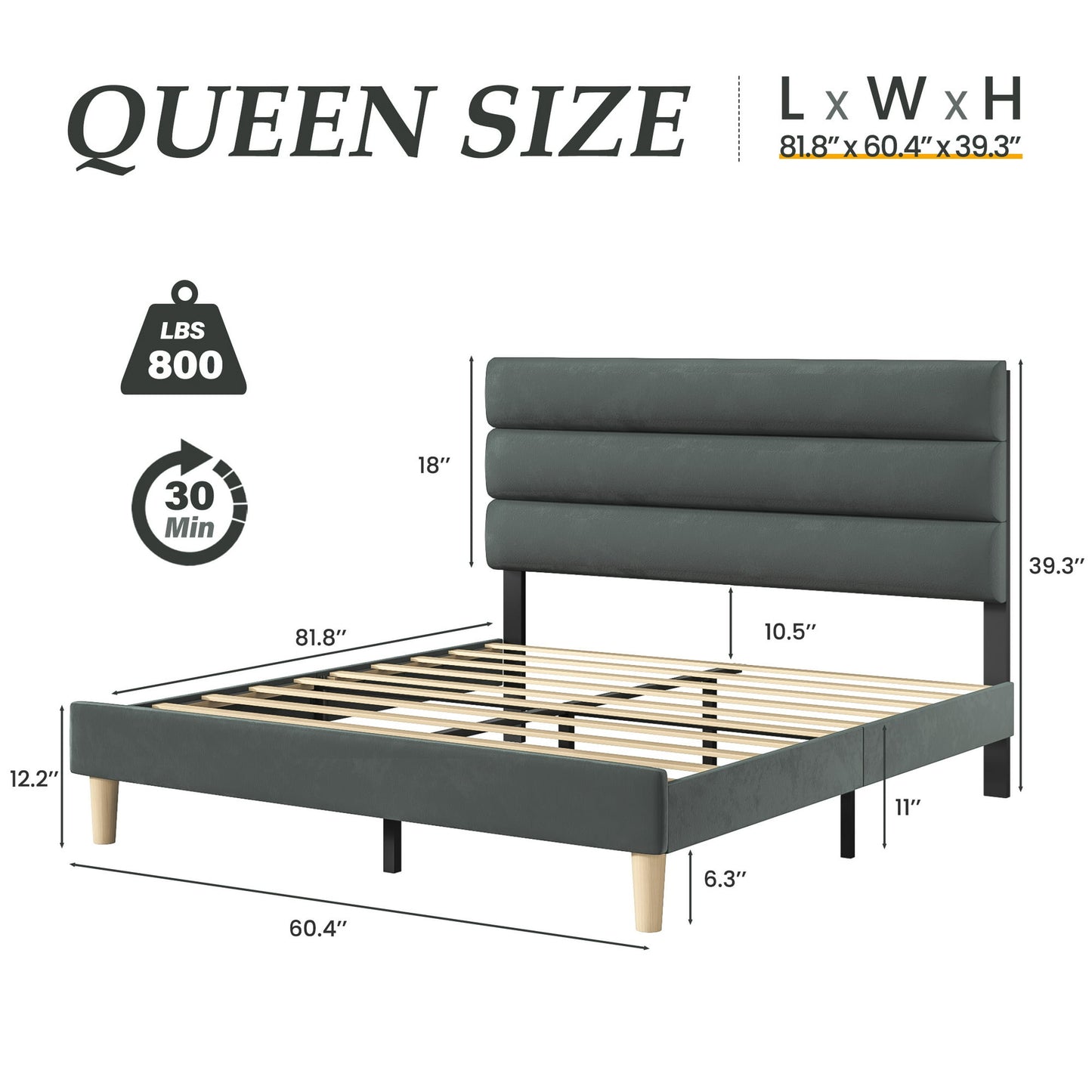 Fluest Queen Bed Frame with Velvet Upholstered Headboard, Metal Support, No Box Spring Needed, Noise Free, Easy Assembly, Grey