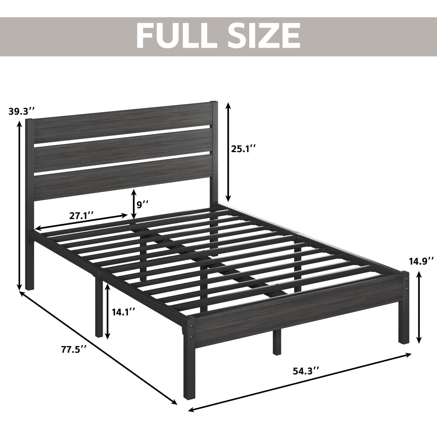 Fluest Full Size Bed Frame with Headboard and Footboard,Metal Support,No Box Spring Needed, Gray