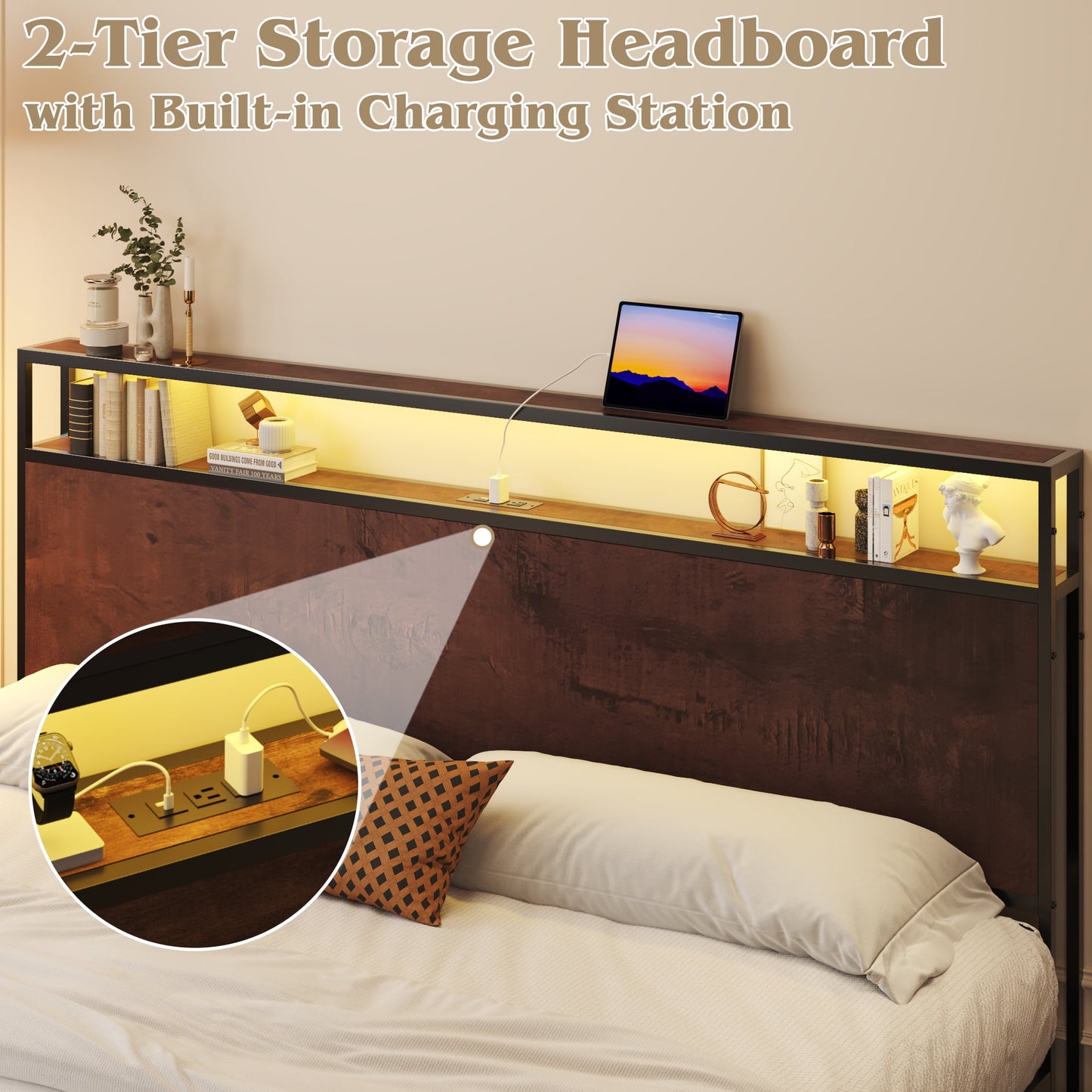 Fluest Full Bed Frame with 2-Tier Storage Headboard, USB Port and LED Light, 4 Storage Drawers, Rustic Brown