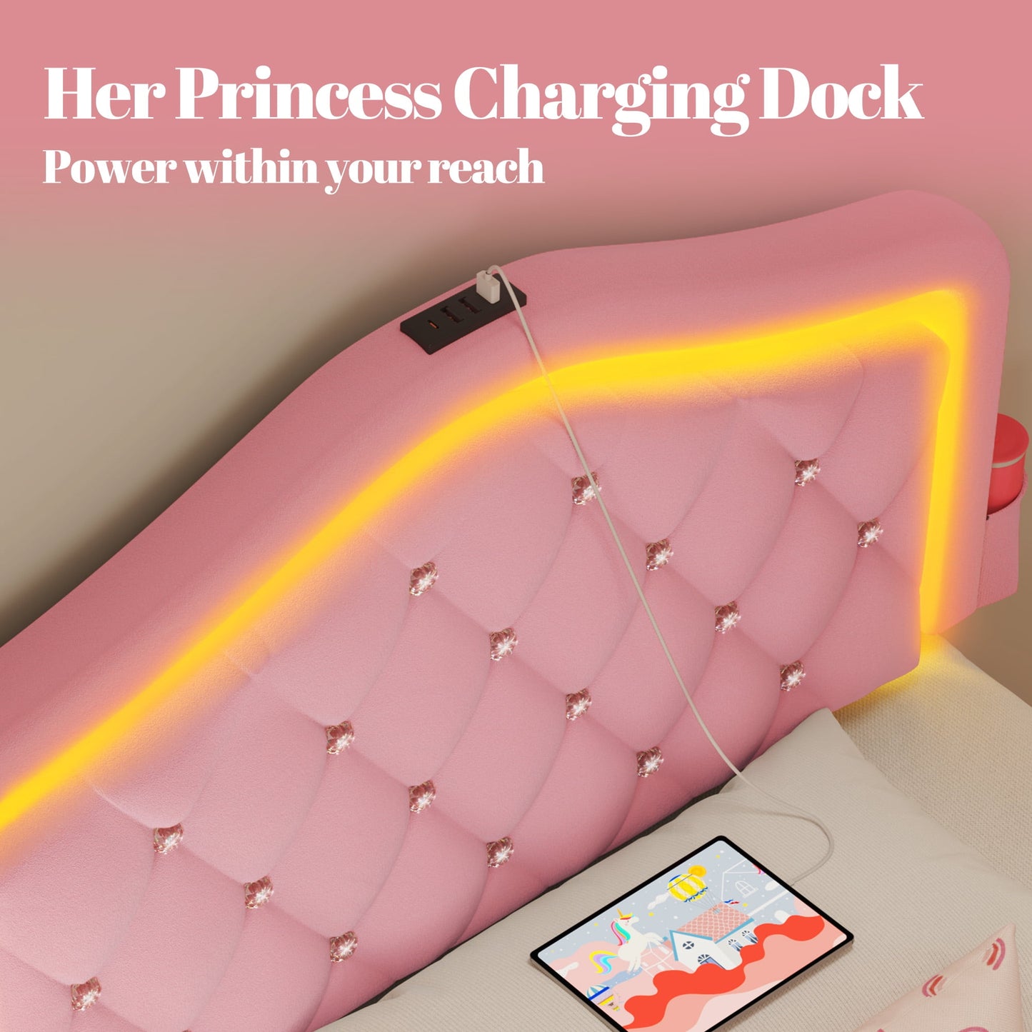 Fluest Tufted Diamond Twin Bed Frame, Pink Upholstered Headboard, USB Port, LED Light & Underbed Storage Drawer