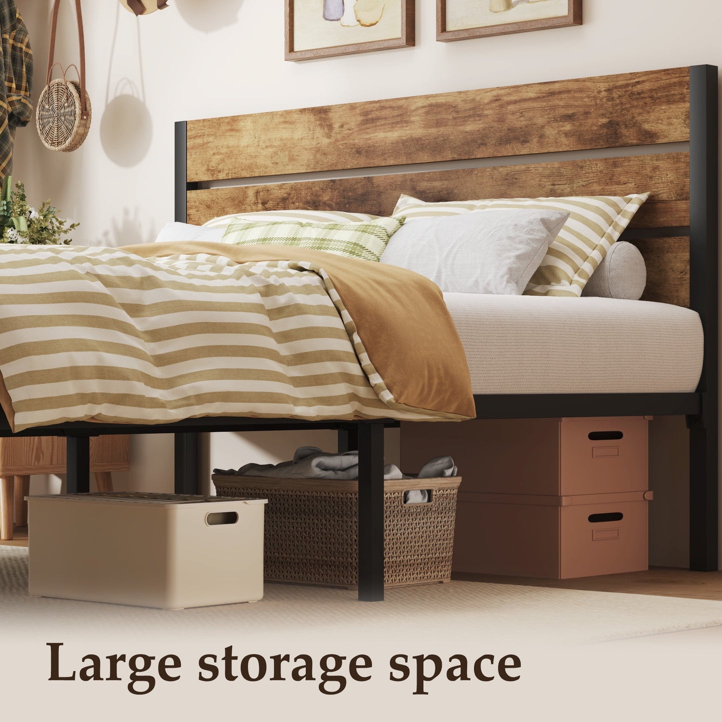 Fluest Queen Size Bed Frame with Headboard and Footboard,Metal Support,No Box Spring Needed, Rustic Brown