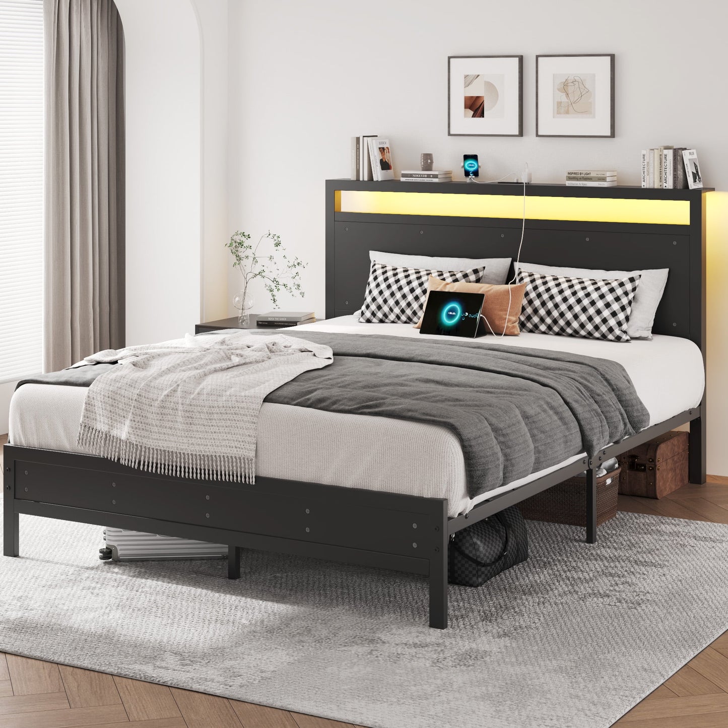 Fluest  Queen Bed Frame with LED Headboard & Charging Station, Noise-Free, No Box Spring Needed, Classic Black