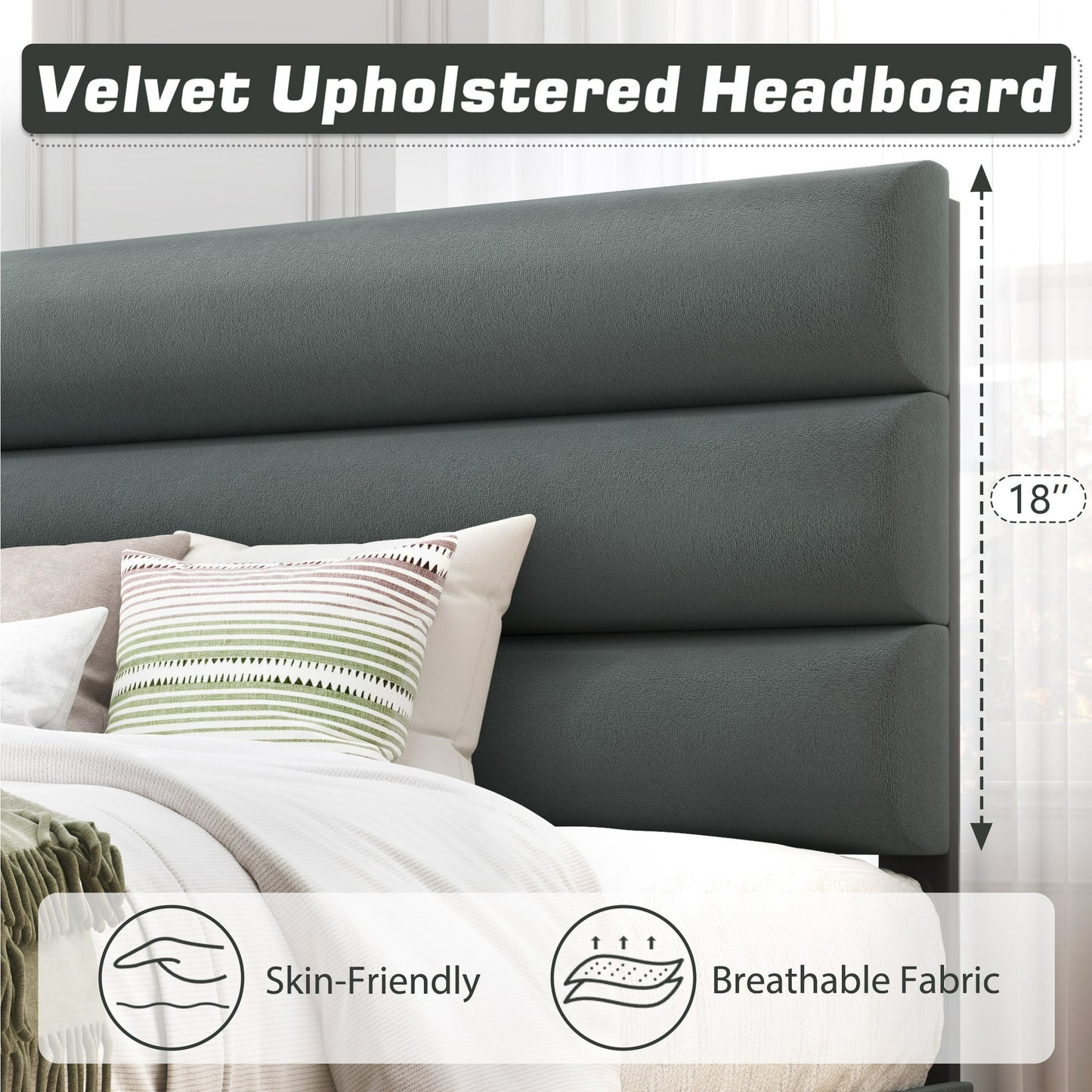 Fluest Queen Bed Frame with Velvet Upholstered Headboard, Metal Support, No Box Spring Needed, Noise Free, Easy Assembly, Grey