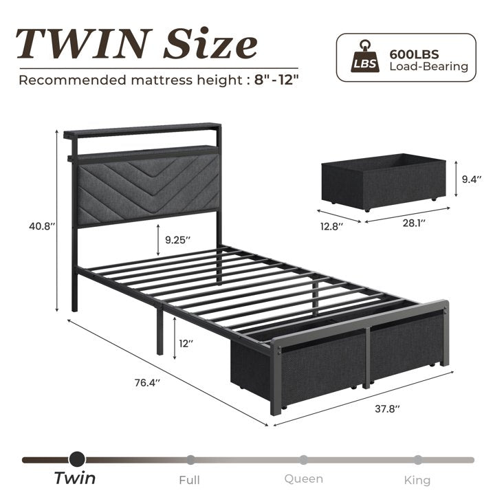 Fluest Twin Bed Frame with Upholstered Headboard, USB Port and LED Light, 2 Storage Drawers, Linen Gray