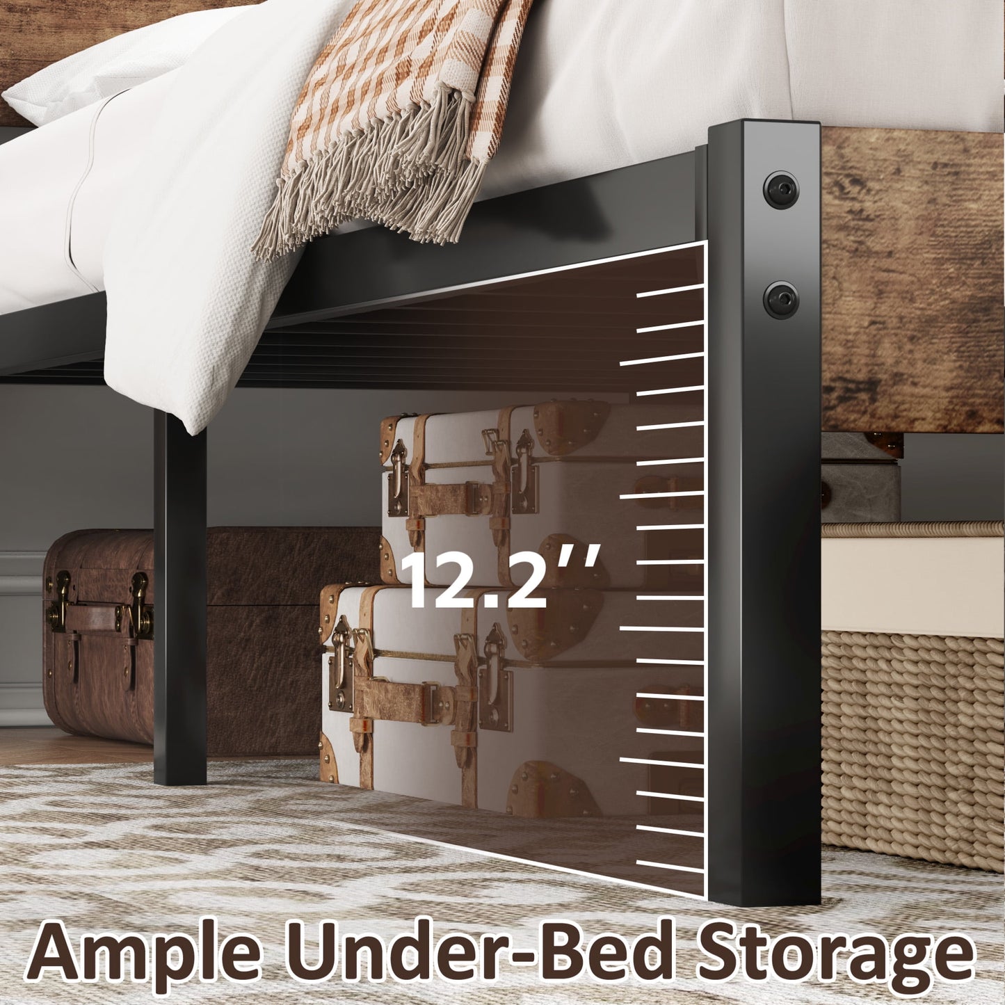 Fluest Full Size Bed Frame with Headboard and Footboard,Metal Support,No Box Spring Needed, Rustic Brown