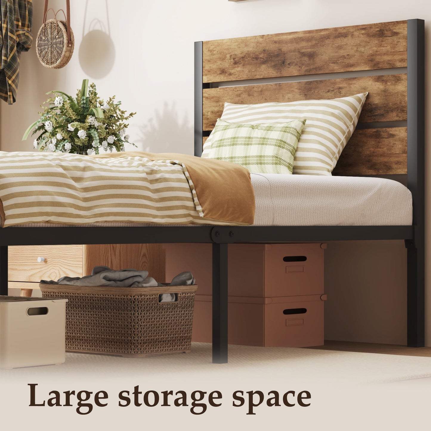 Fluest Twin Size Bed Frame with Headboard and Footboard,Metal Support,No Box Spring Needed, Rustic Brown