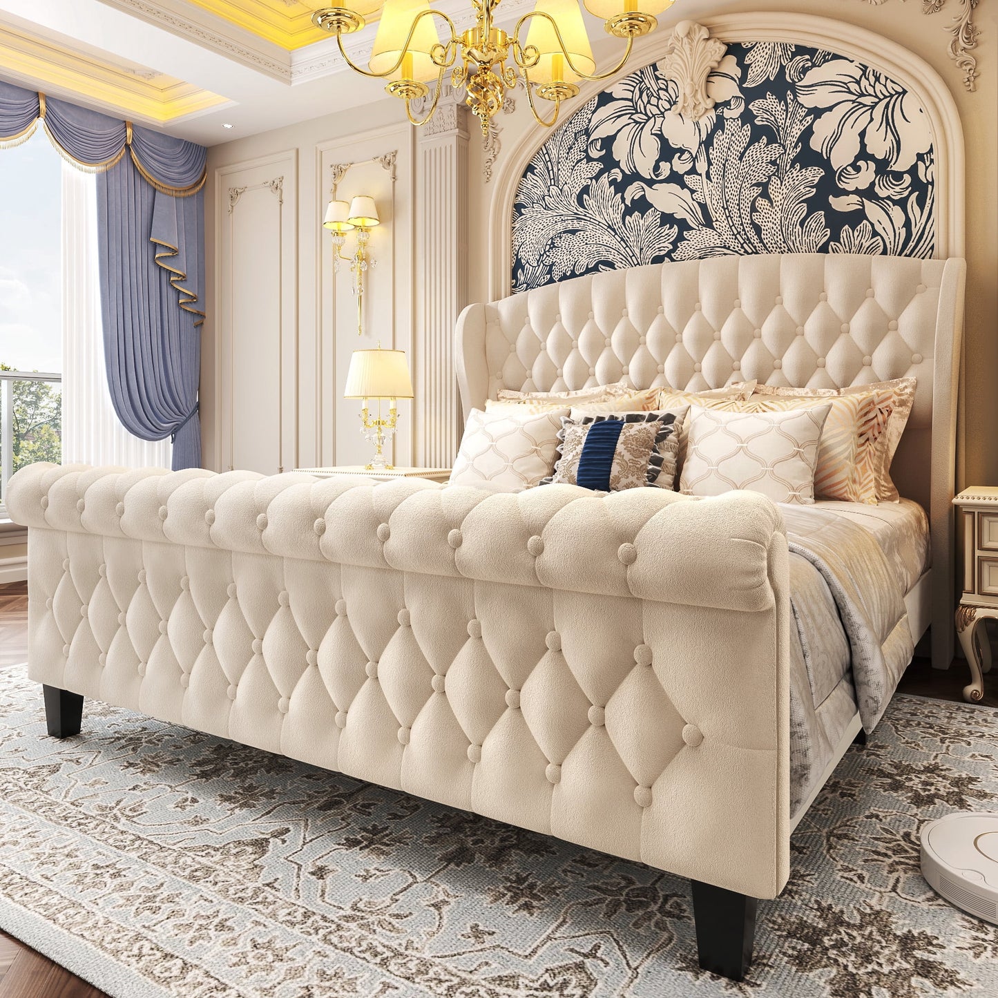 Queen Bed Frame, 42" Tall Velvet Upholstered Sleigh Bed with Wingback Headboard & Scroll Footboard, No Box Spring Needed, Sturdy Support, Easy Assembly, Noise Free, Button Tufted, Beige