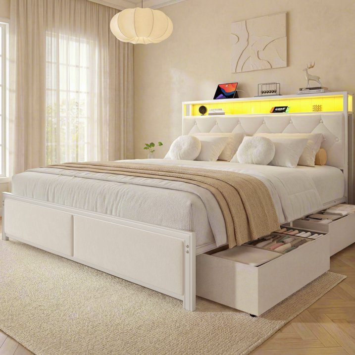 Fluest Queen Size Bed Frame, Upholstered Storage Headboard, 4 Fabric Drawers, Fast Charging Station, LED Lights, Beige, No Box Spring Needed, Easy Assembly