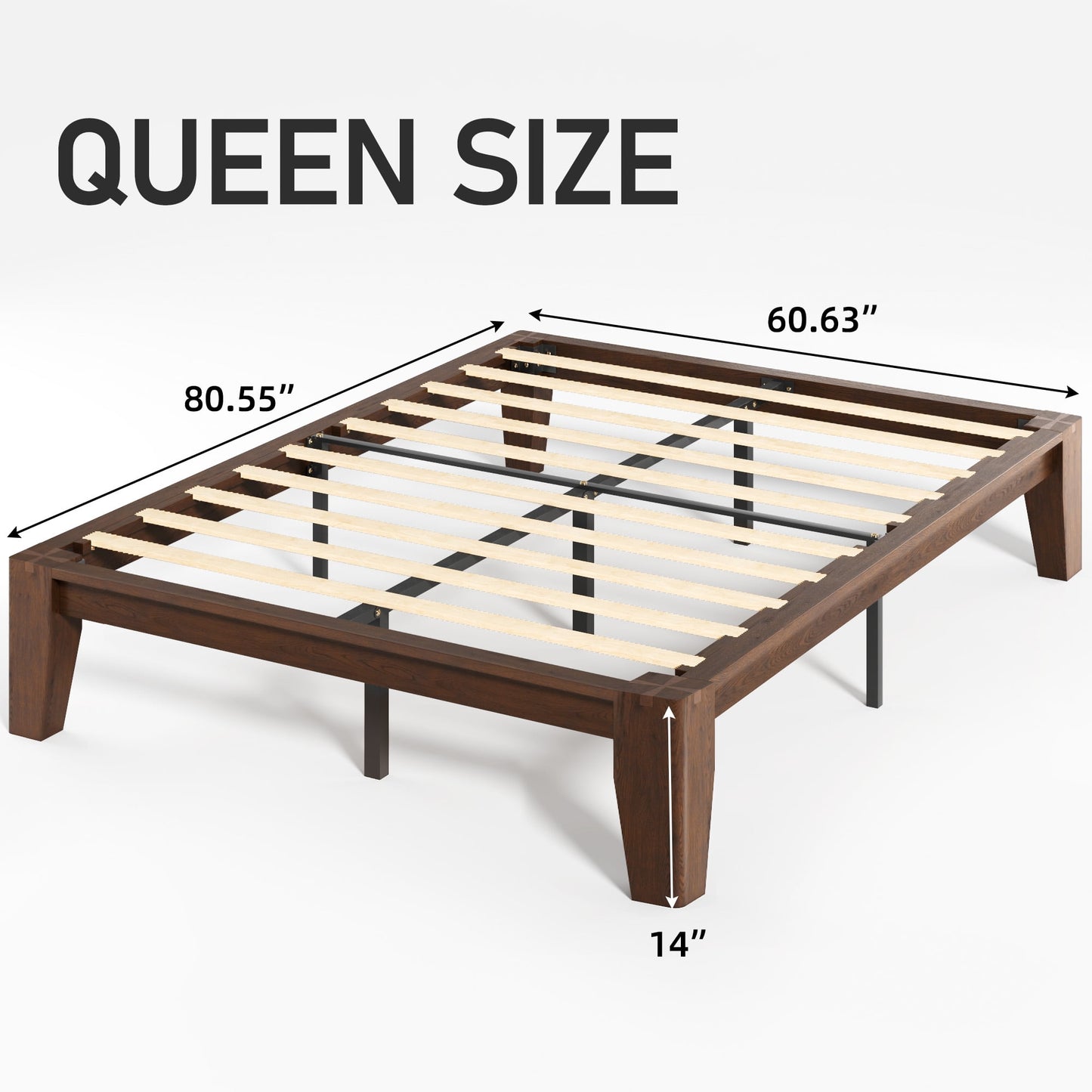 Queen Platform Bed Frame, Premium Solid Wood, Sturdy Structure, 3.78” Thickened Components & 14” Height Legs, Easy to Assemble, Mortise & Tenon Joints