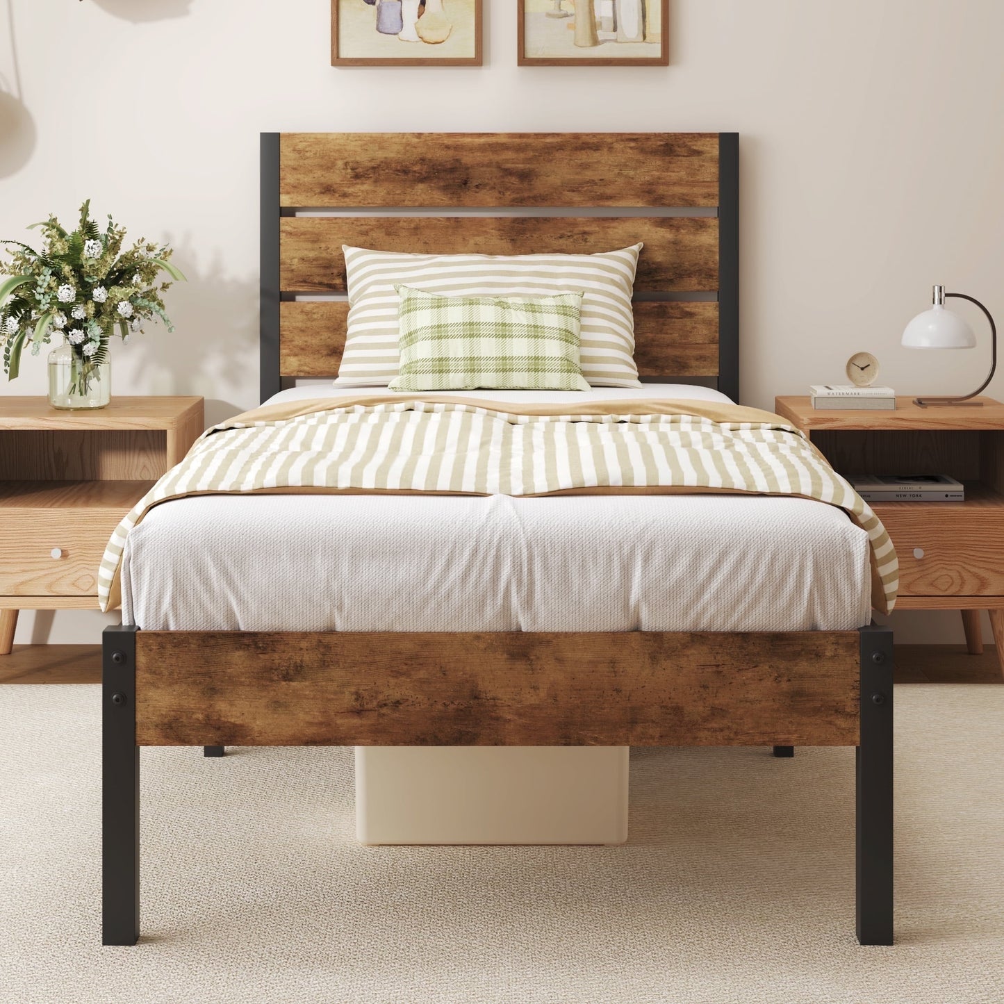 Fluest Twin Size Bed Frame with Headboard and Footboard,Metal Support,No Box Spring Needed, Rustic Brown
