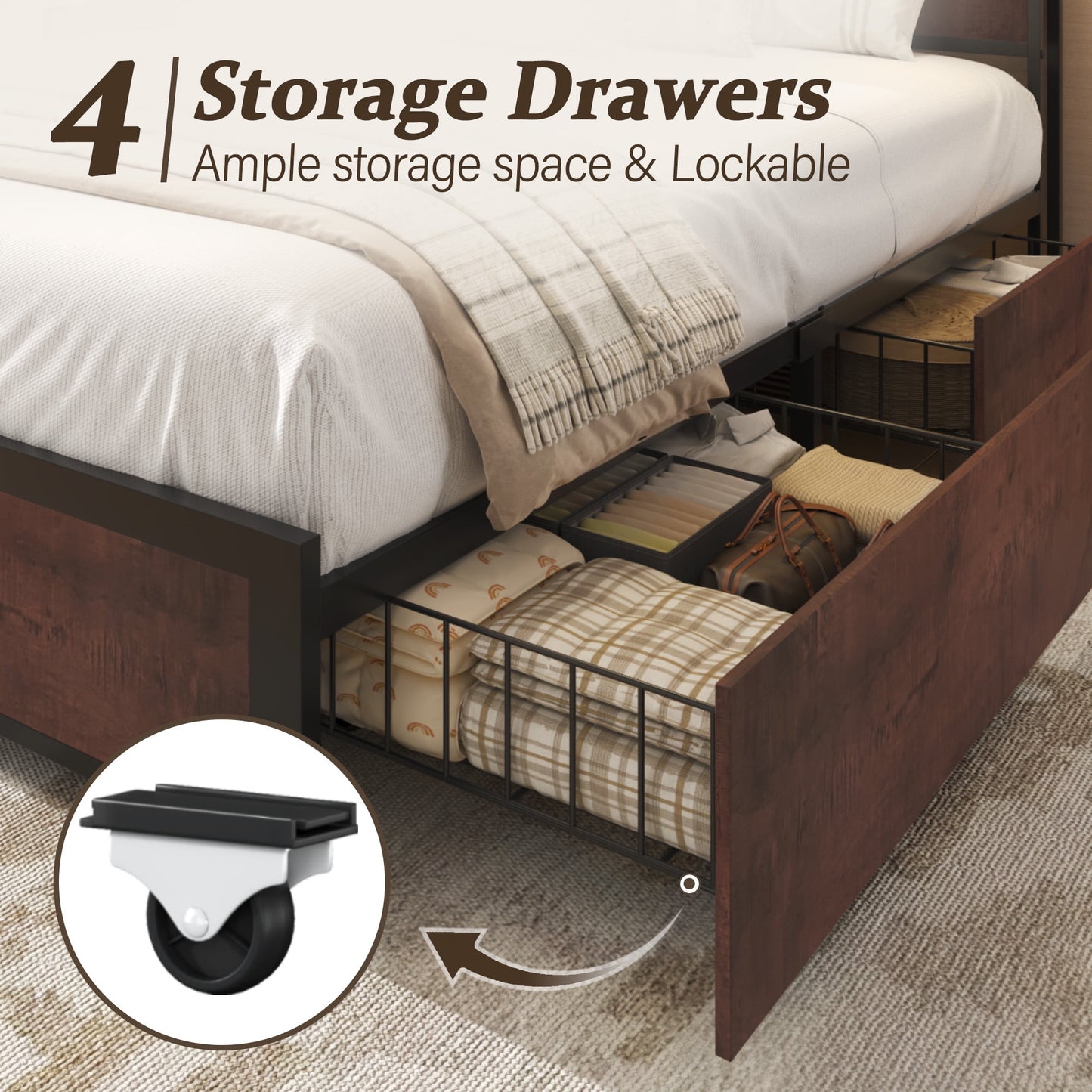 Fluest Queen Bed Frame with USB Port and LED Light, 2-Tier Storage Headboard, 4 Storage Drawers, Rustic Brown