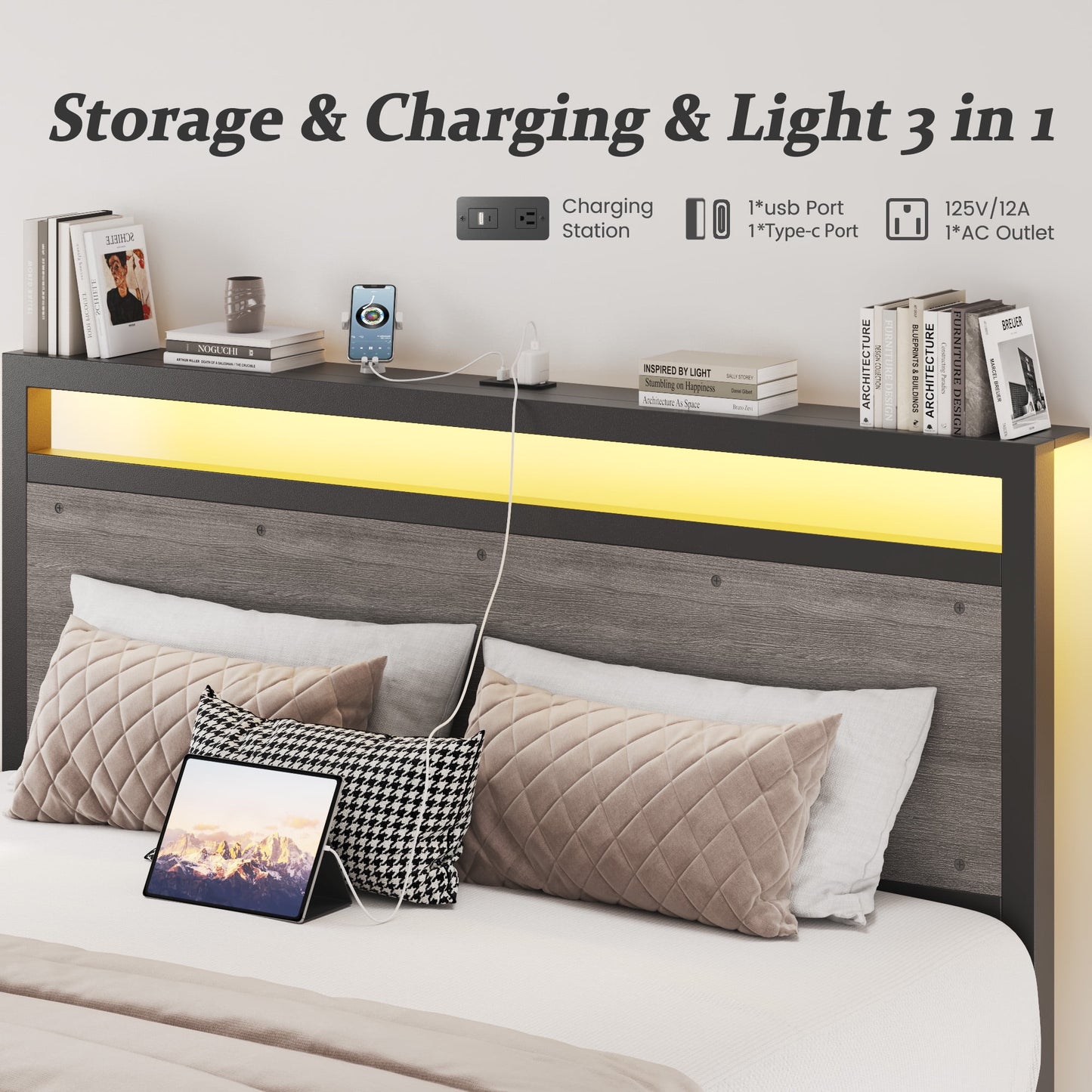 Queen Bed Frame with LED Headboard & Charging Station, Noise-Free, No Box Spring Needed, Rustic Grey