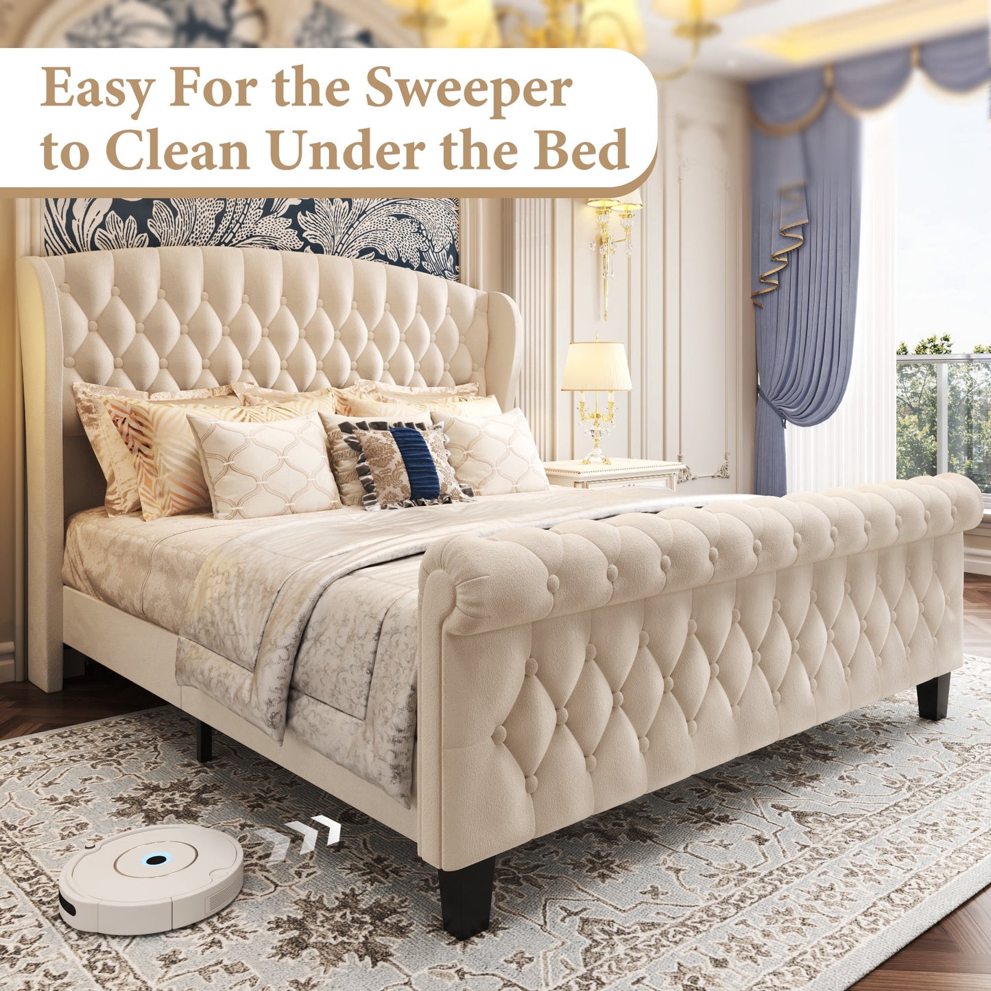 Queen Bed Frame, 42" Tall Velvet Upholstered Sleigh Bed with Wingback Headboard & Scroll Footboard, No Box Spring Needed, Sturdy Support, Easy Assembly, Noise Free, Button Tufted, Beige