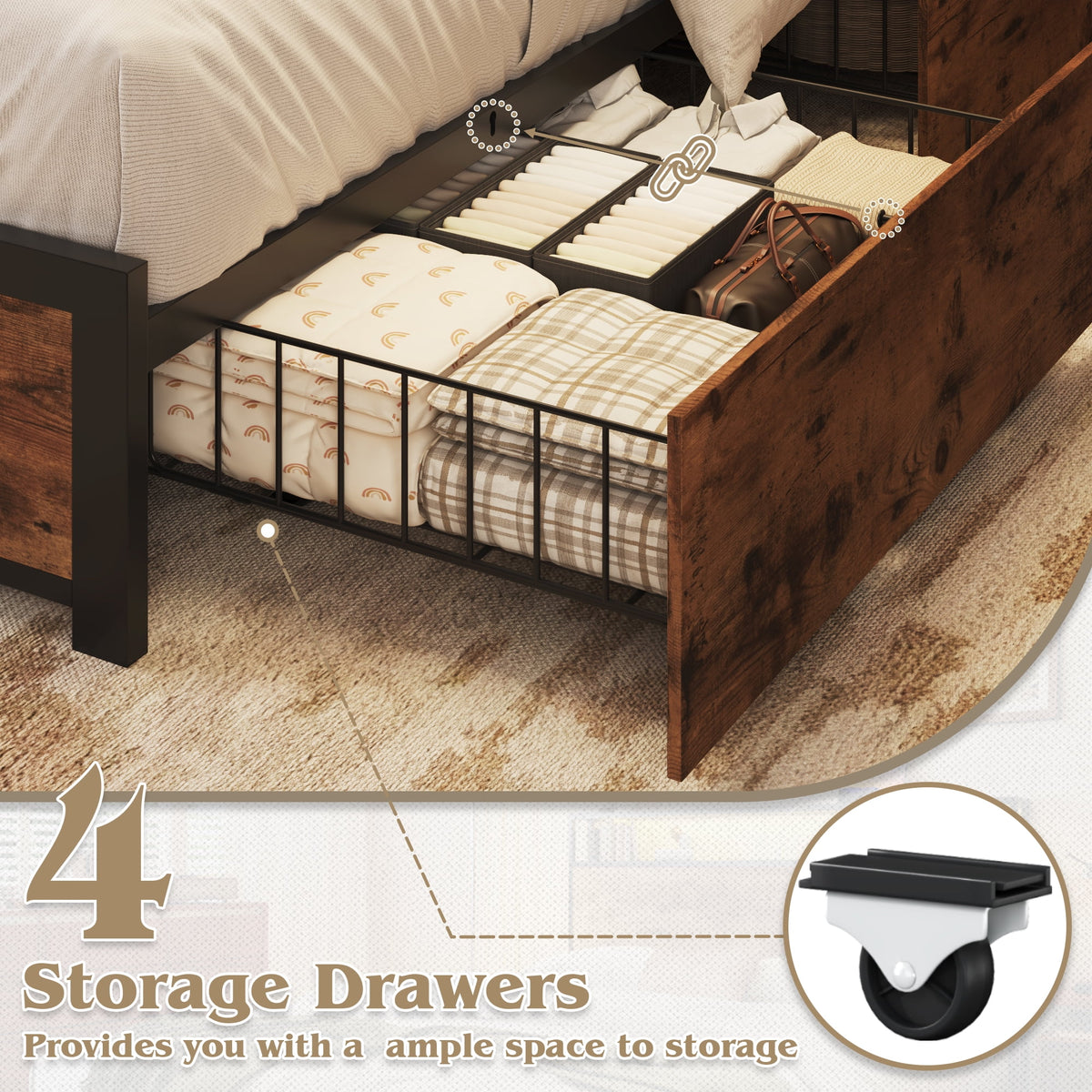 Fluest Full Bed Frame with 2-Tier Storage Headboard, USB Port and LED Light, 4 Storage Drawers,Retro Brown