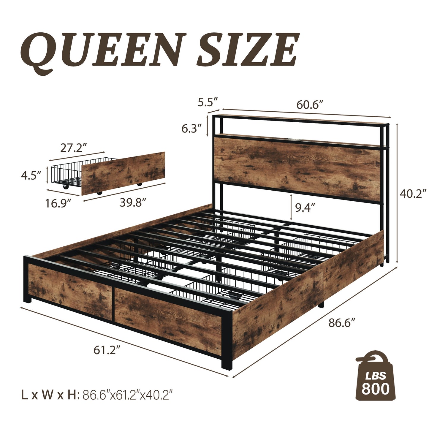Fluest Queen Bed Frame with 2-Tier Storage Headboard, USB Port and LED Light, 4 Storage Drawers, Brown