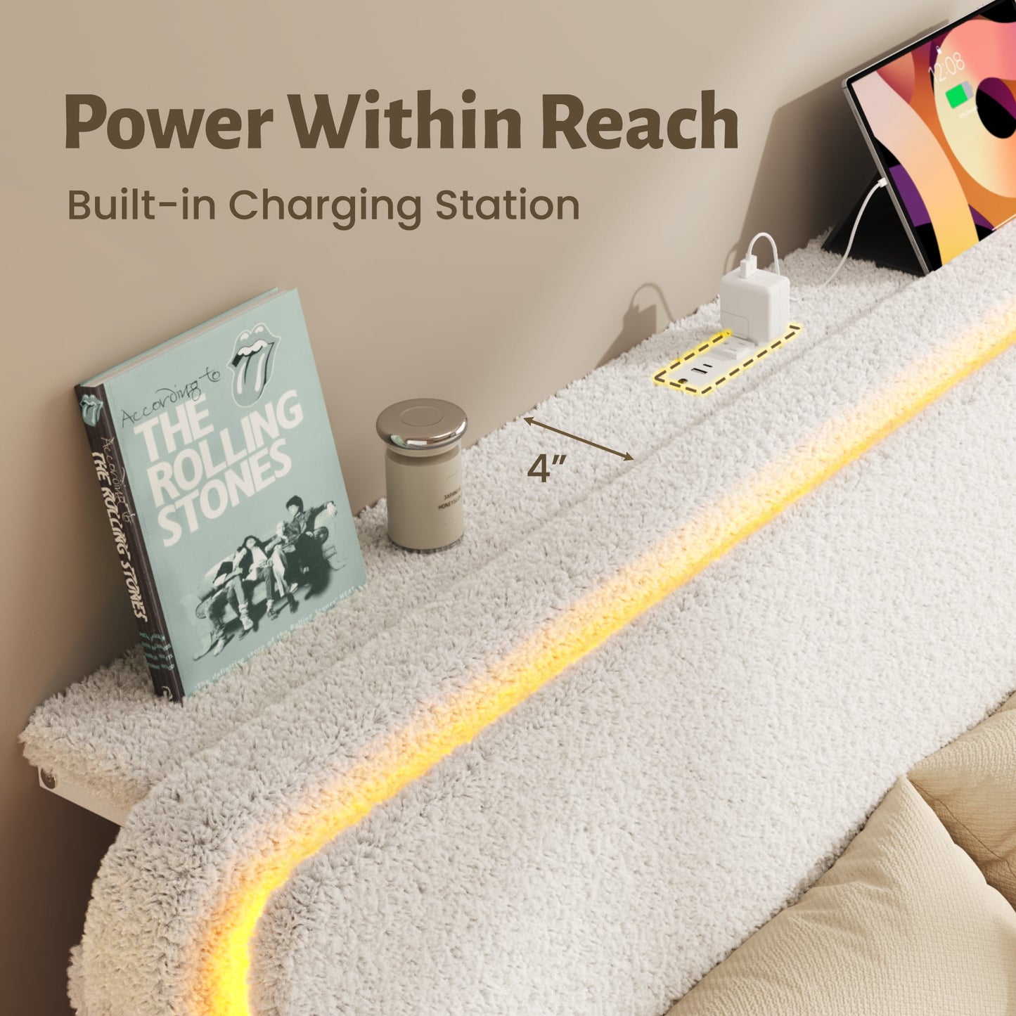 Fluest Queen Boucle Upholstered Bed Frame, Cloud Headboard, Charging Station, LED Lights, Beige, No Box Spring Needed