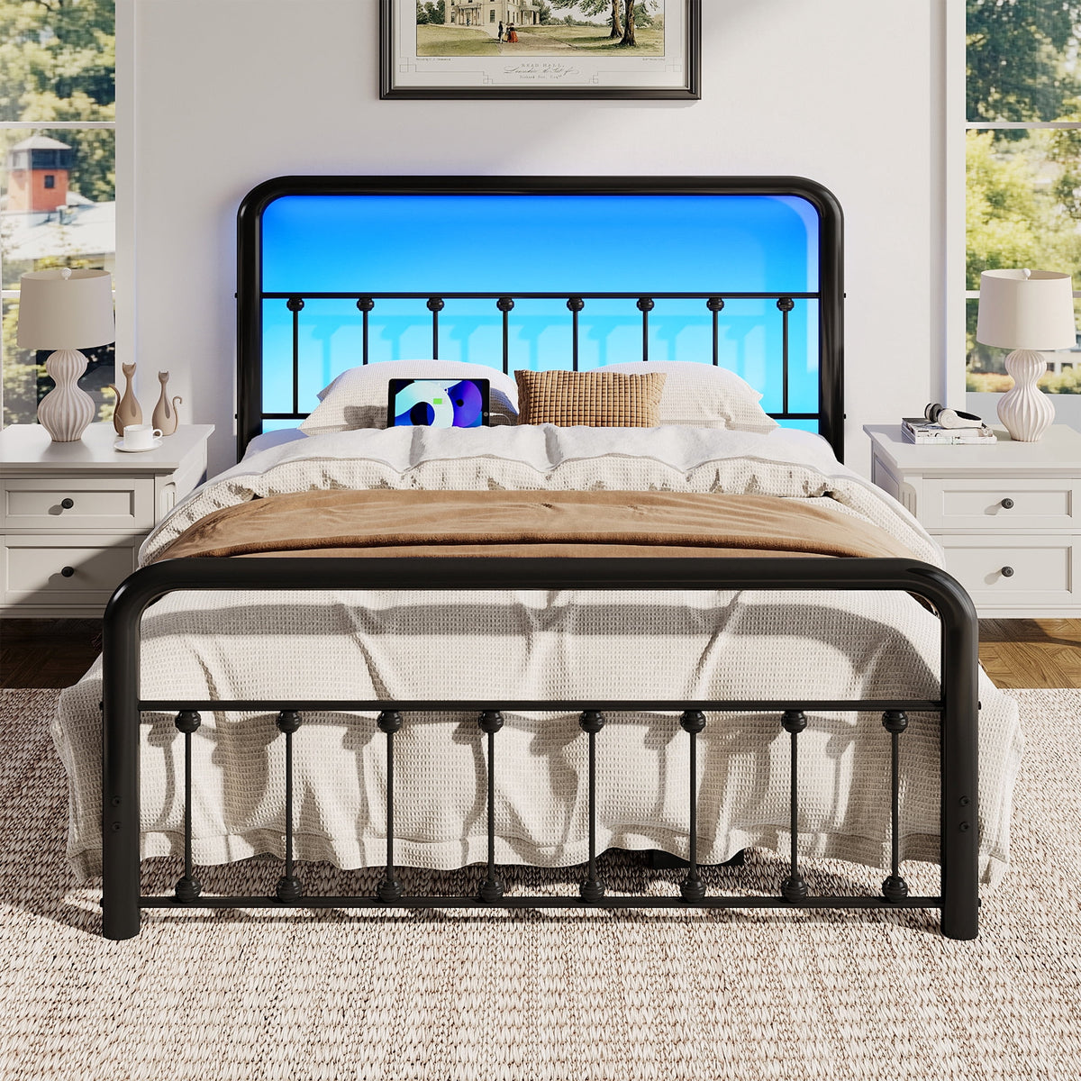 Fluest Full Bed Frame, Classic Metal Platform Bed Frame, with Charging Station and LED, No Need for Springs, Black