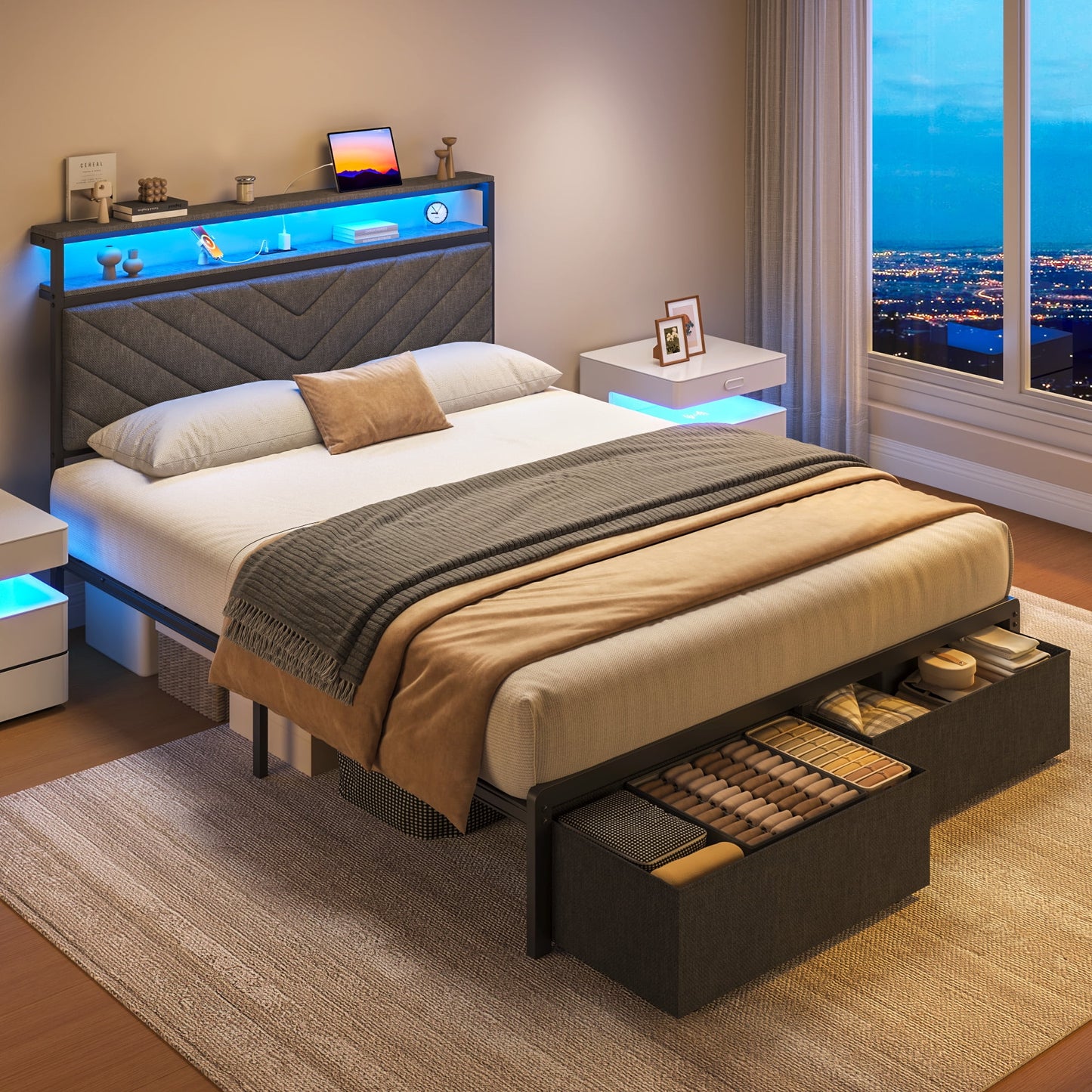 Full bed frame with charging station, LED lights, and storage drawers, with soft cushioned headboard, under bed storage space, easy to install, gray