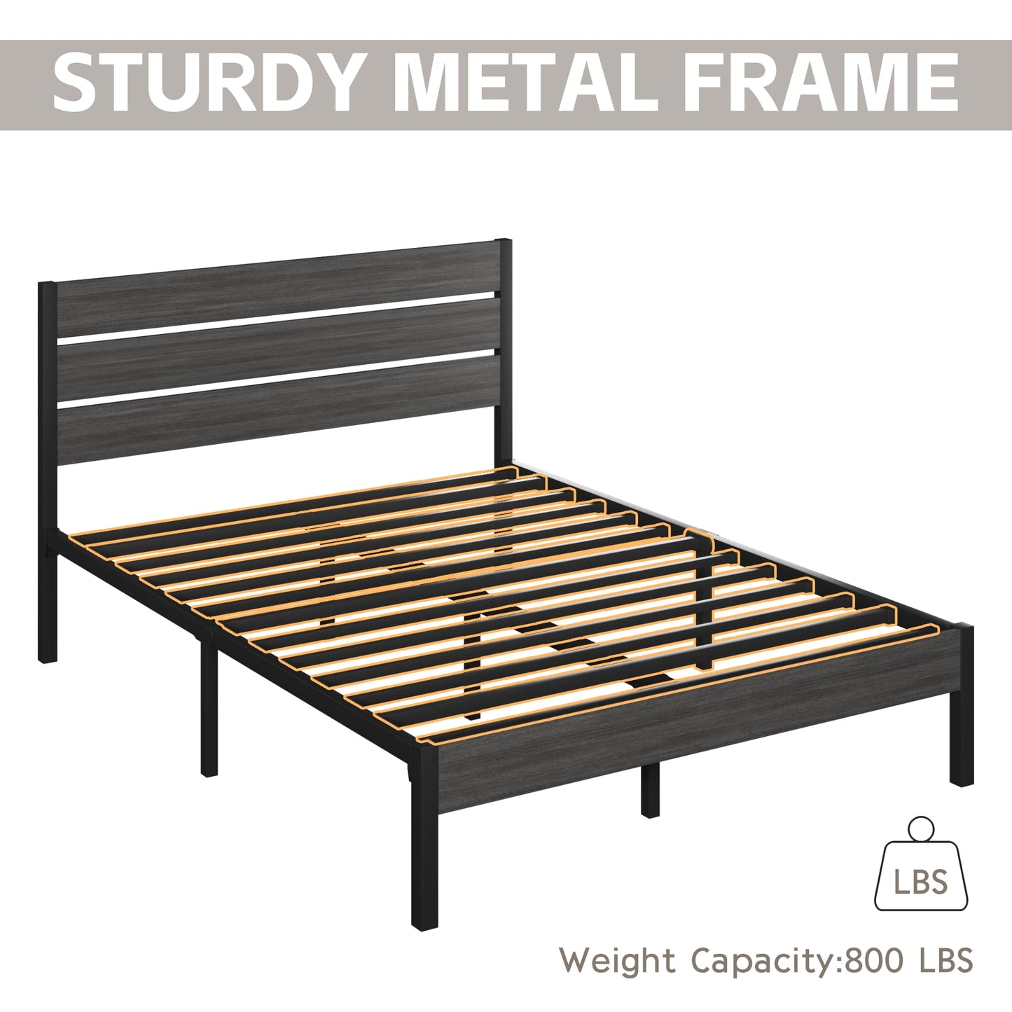 Fluest Queen Size Bed Frame with Headboard and Footboard,Metal Support,No Box Spring Needed, Grey