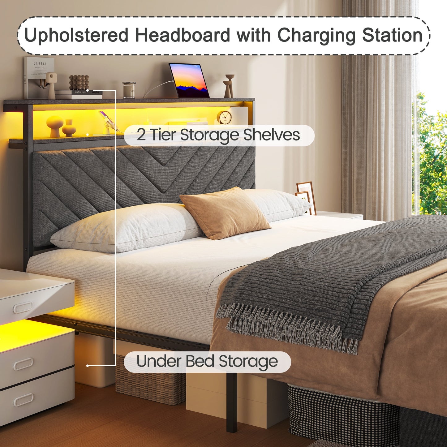 Fluest Bed Frame with 2-Tier Storage Headboard, USB Port and LED Light, 2 Storage Drawers, Gray
