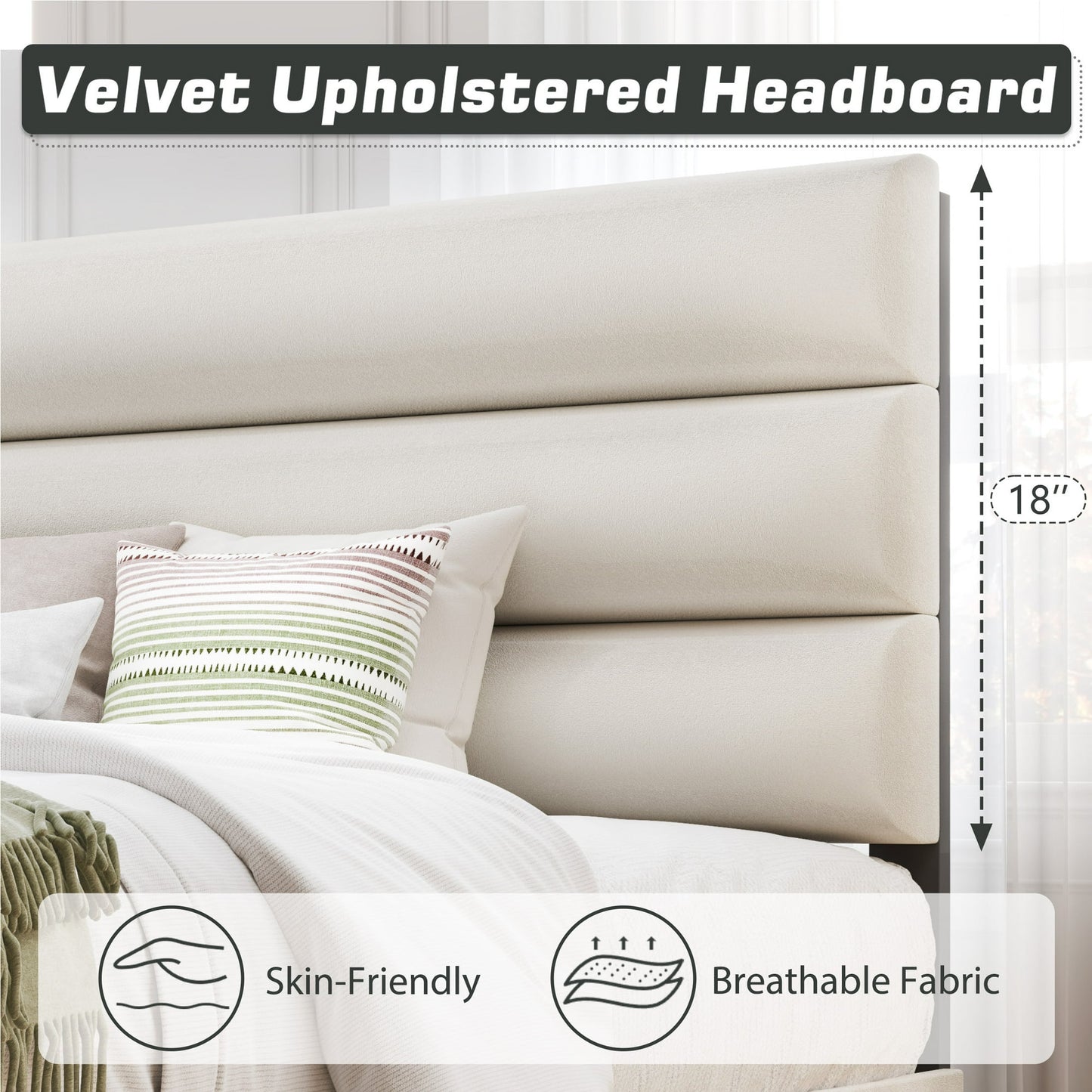 Fluest Queen Bed Frame with Velvet Upholstered Headboard, Metal Support, No Box Spring Needed, Noise Free, Easy Assembly, Beige