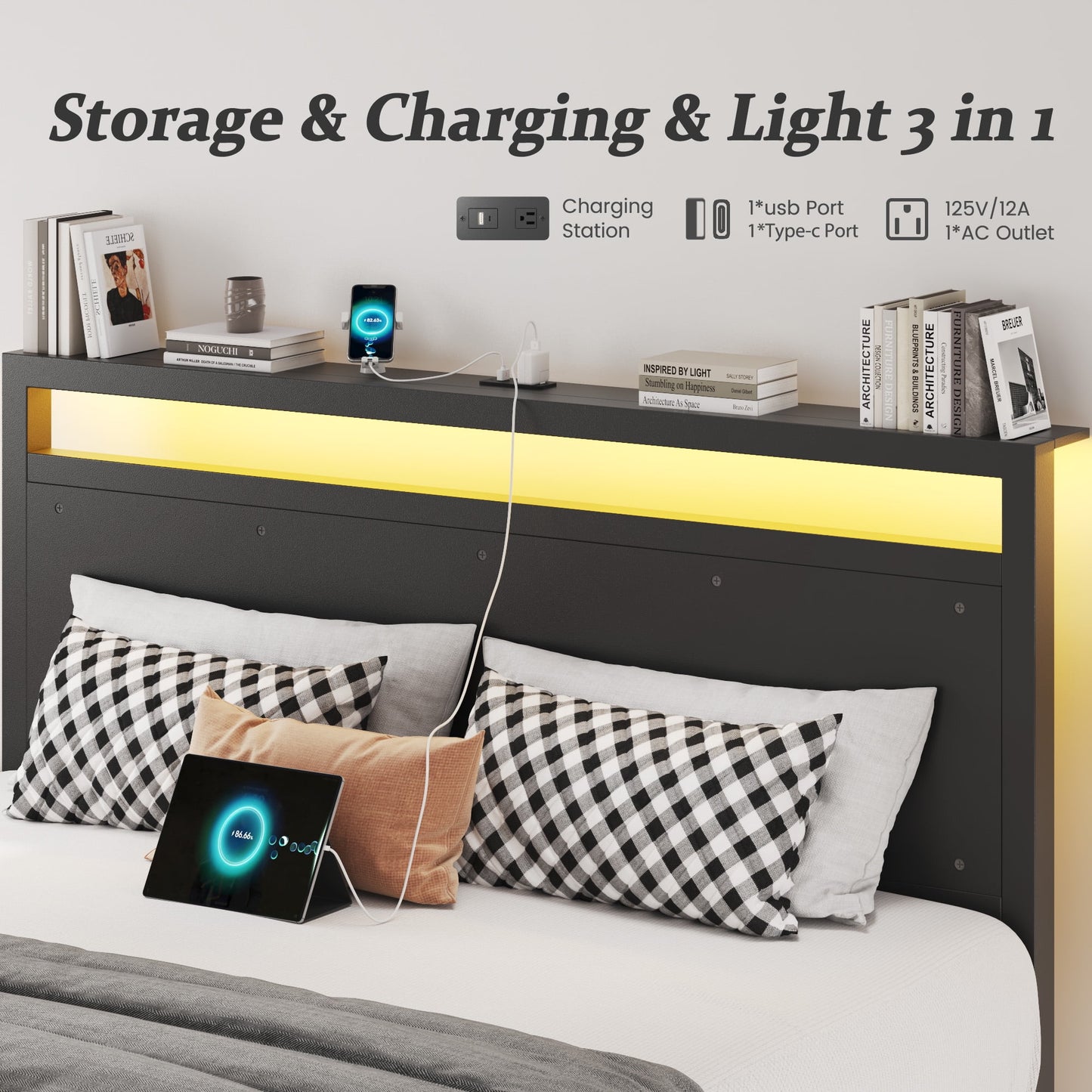 Fluest Queen Bed Frame with LED Headboard & Charging Station, Noise-Free, No Box Spring Needed, Classic Black