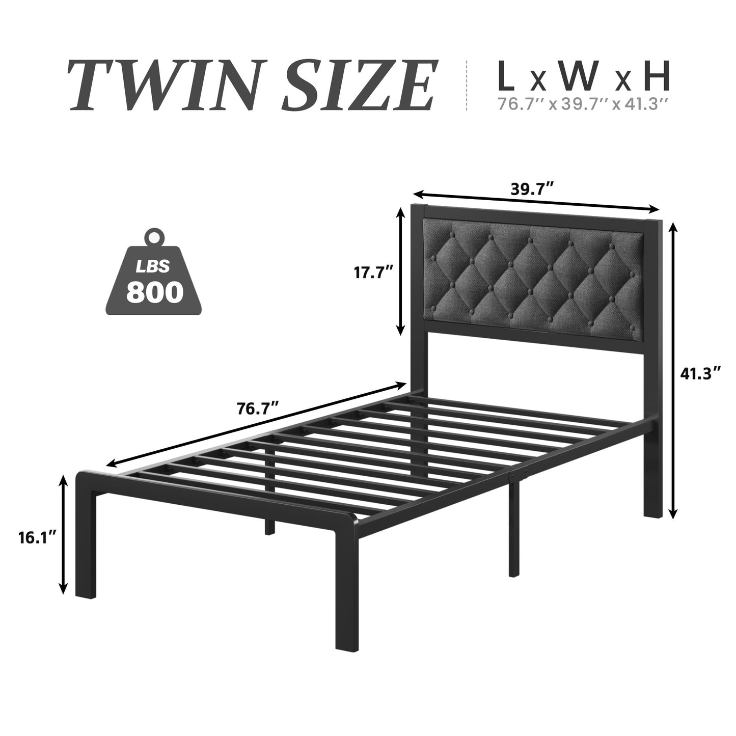 Bed Frame with Headboard Linen Upholstered, All Metal Slats Support Platform, Twin, Grey