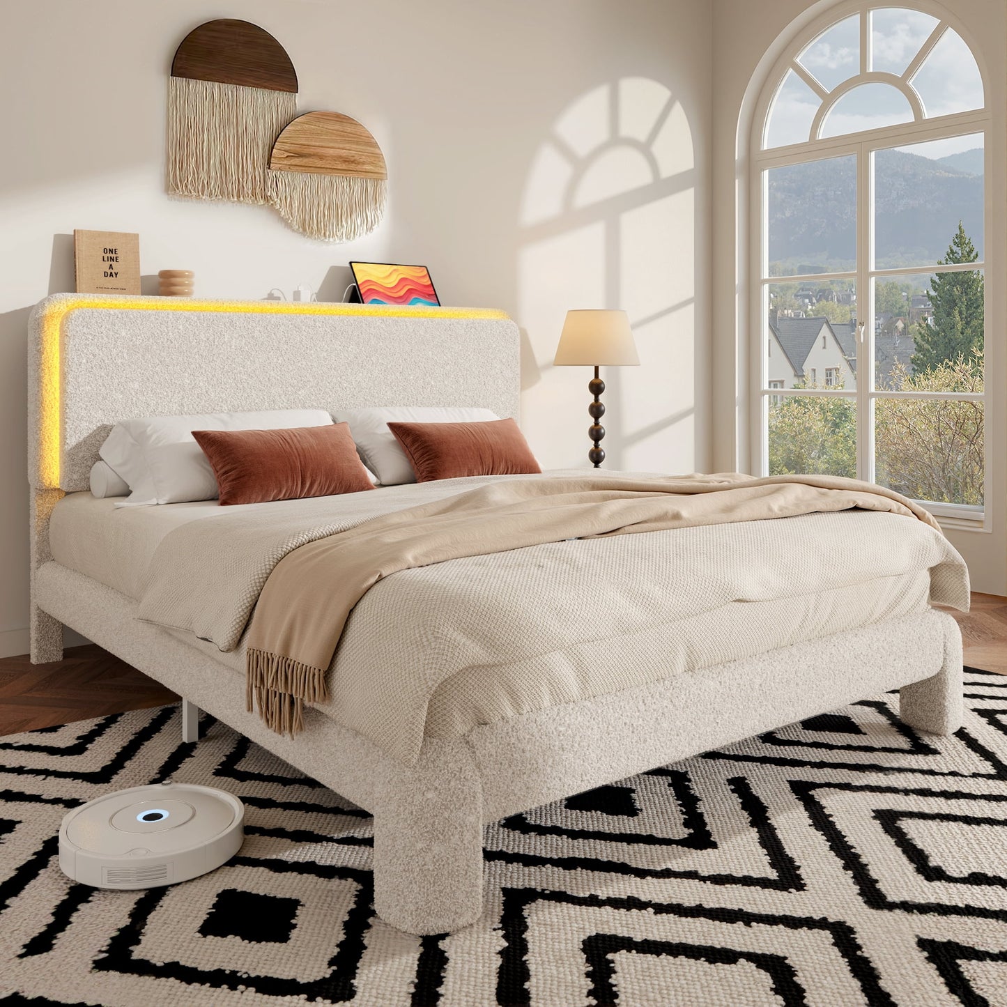 Fluest Queen Boucle Upholstered Bed Frame, Cloud Headboard, Charging Station, LED Lights, Beige, No Box Spring Needed