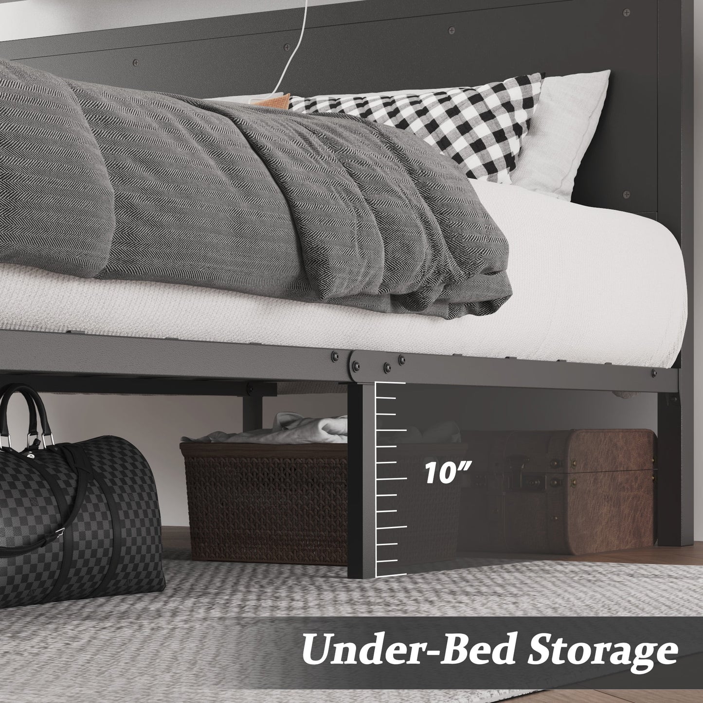 Fluest  Queen Bed Frame with LED Headboard & Charging Station, Noise-Free, No Box Spring Needed, Classic Black