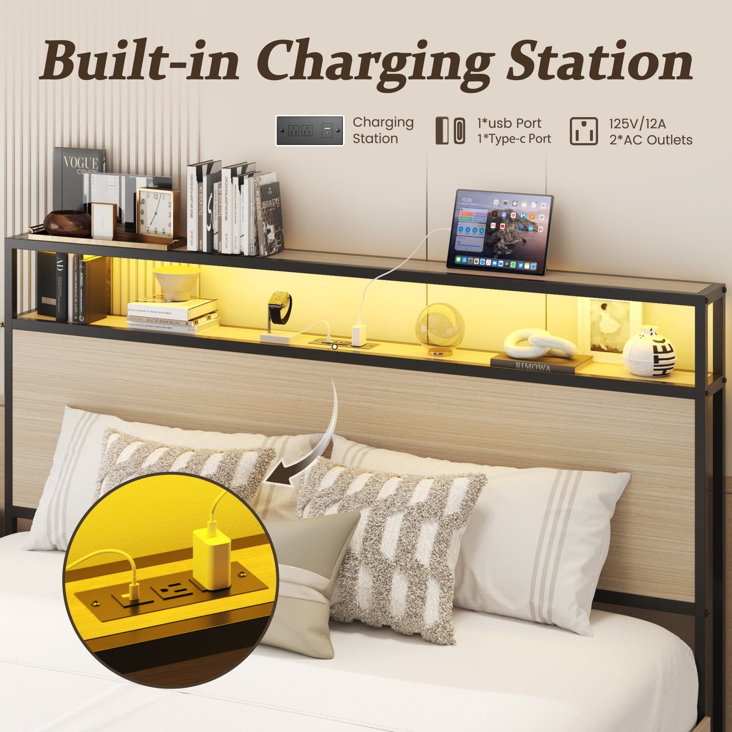 Queen Bed Frame with 2-Tier Headboard, Metal Support, USB Port & LED Light, 4 Storage Drawers, Begie