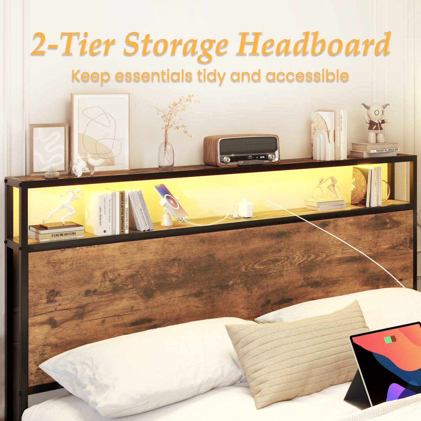 Fluest Queen Bed Frame with 2-Tier Storage Headboard, Metal Bed Frame with Storage Drawers & Built-in Charging Station & LED, Noise-Free, No Box Spring Needed, Easy Assembly, Retro Brown