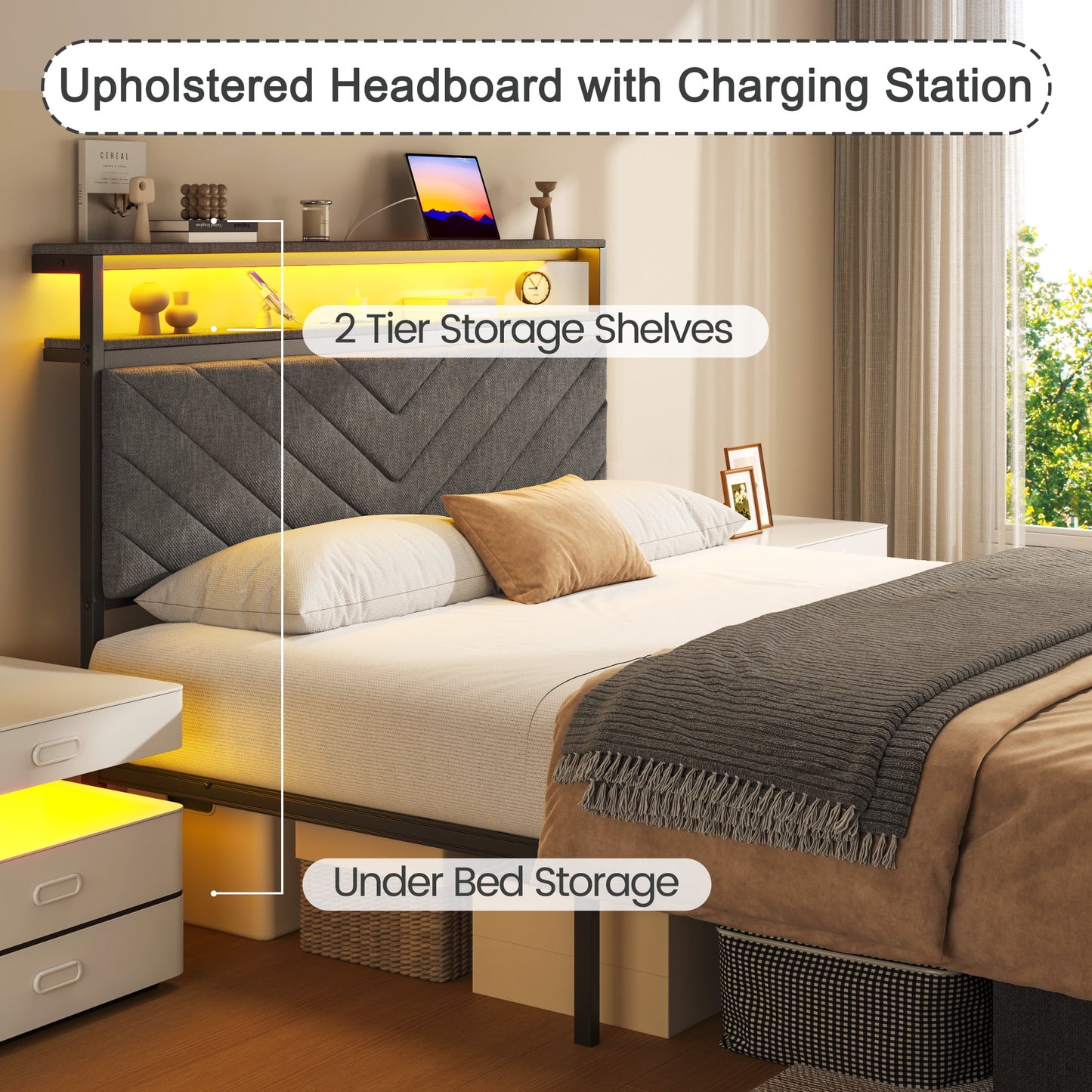 Full bed frame with charging station, LED lights, and storage drawers, with soft cushioned headboard, under bed storage space, easy to install, gray