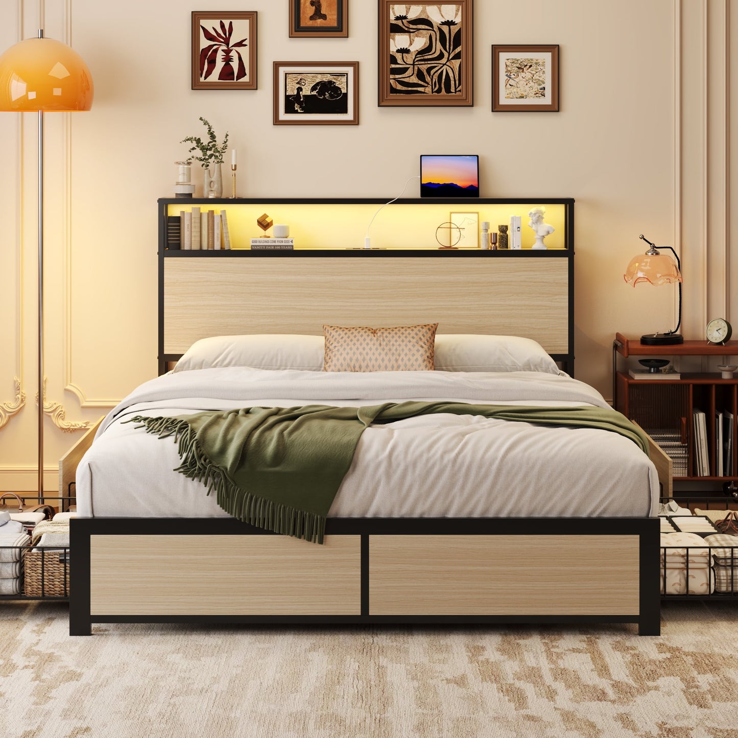Fluest Full Bed Frame with 2-Tier Storage Headboard, USB Port and LED Light, 4 Storage Drawers, Begie