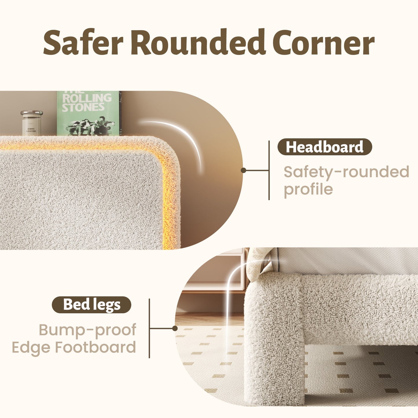 Fluest Queen Boucle Upholstered Bed Frame, Cloud Headboard, Charging Station, LED Lights, Beige, No Box Spring Needed