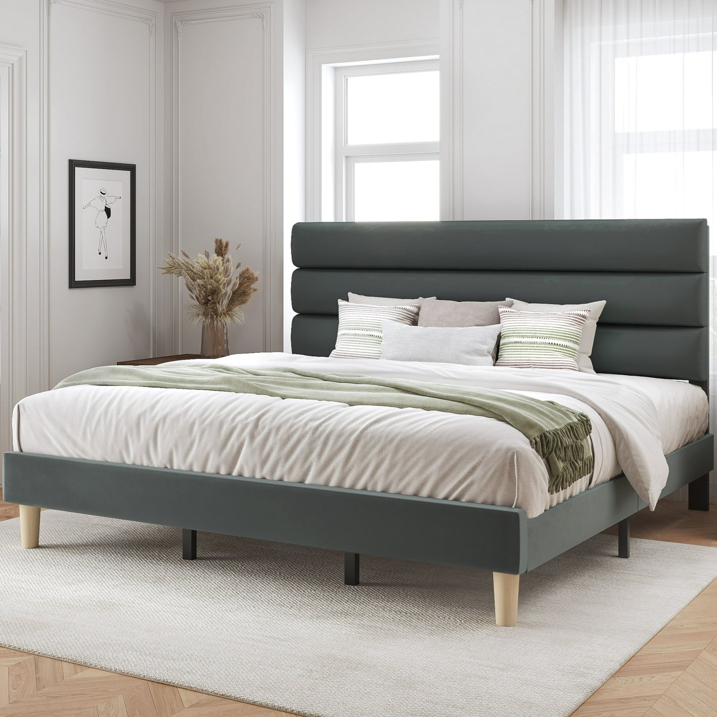 Fluest King Bed Frame with Velvet Upholstered Headboard, Metal Support and No Box Spring