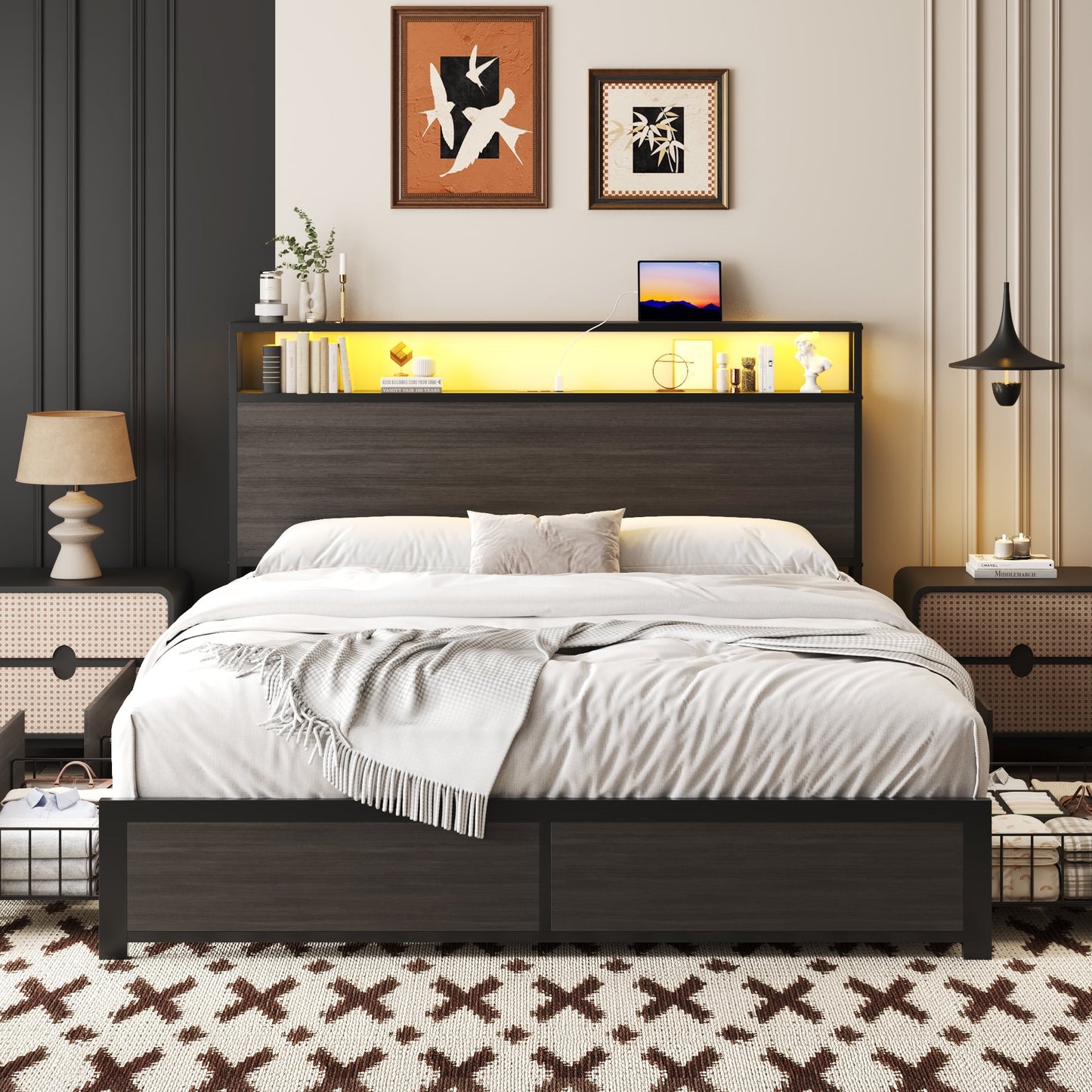 Fluest Full Bed Frame with 2-Tier Storage Headboard, USB Port and LED Light, 4 Storage Drawers, Grey