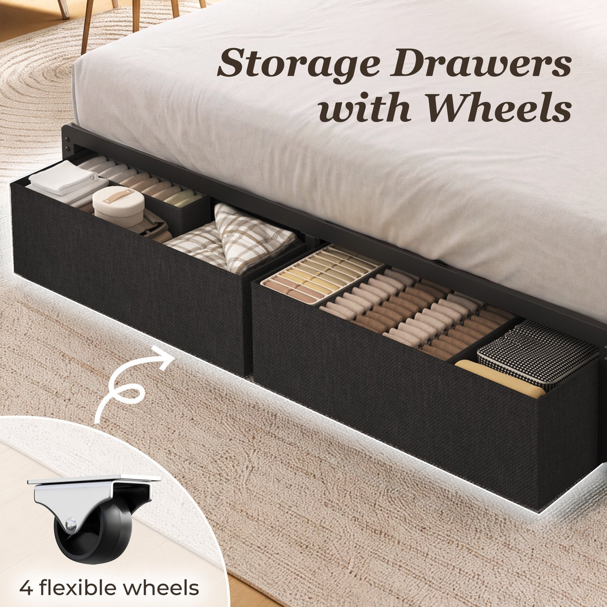 Fluest Twin Bed Frame with Upholstered Headboard, USB Port and LED Light, 2 Storage Drawers, Linen Gray
